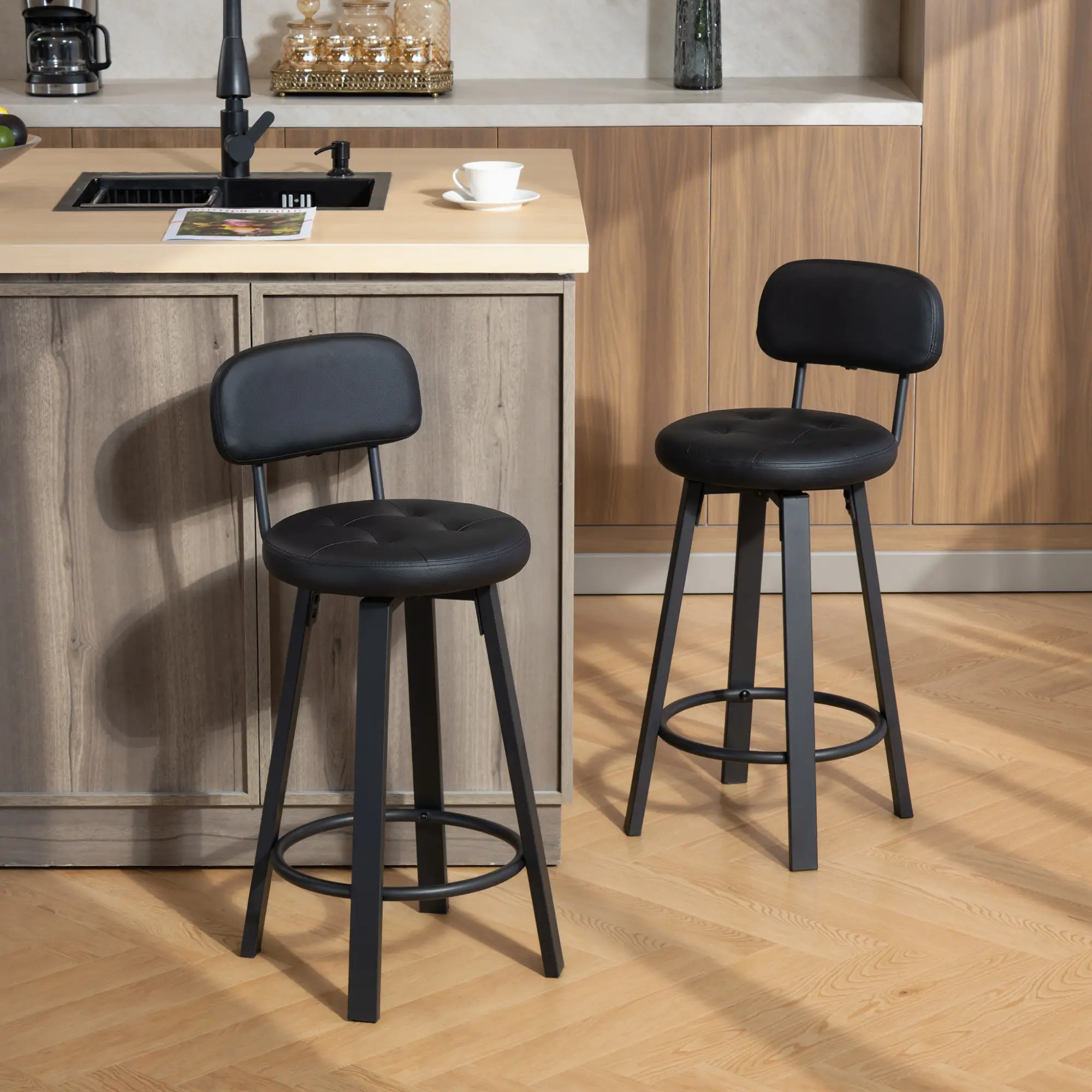 Upholstered Bar Stools Set Of 2, With Footrest And Backrest, Black - Image 2