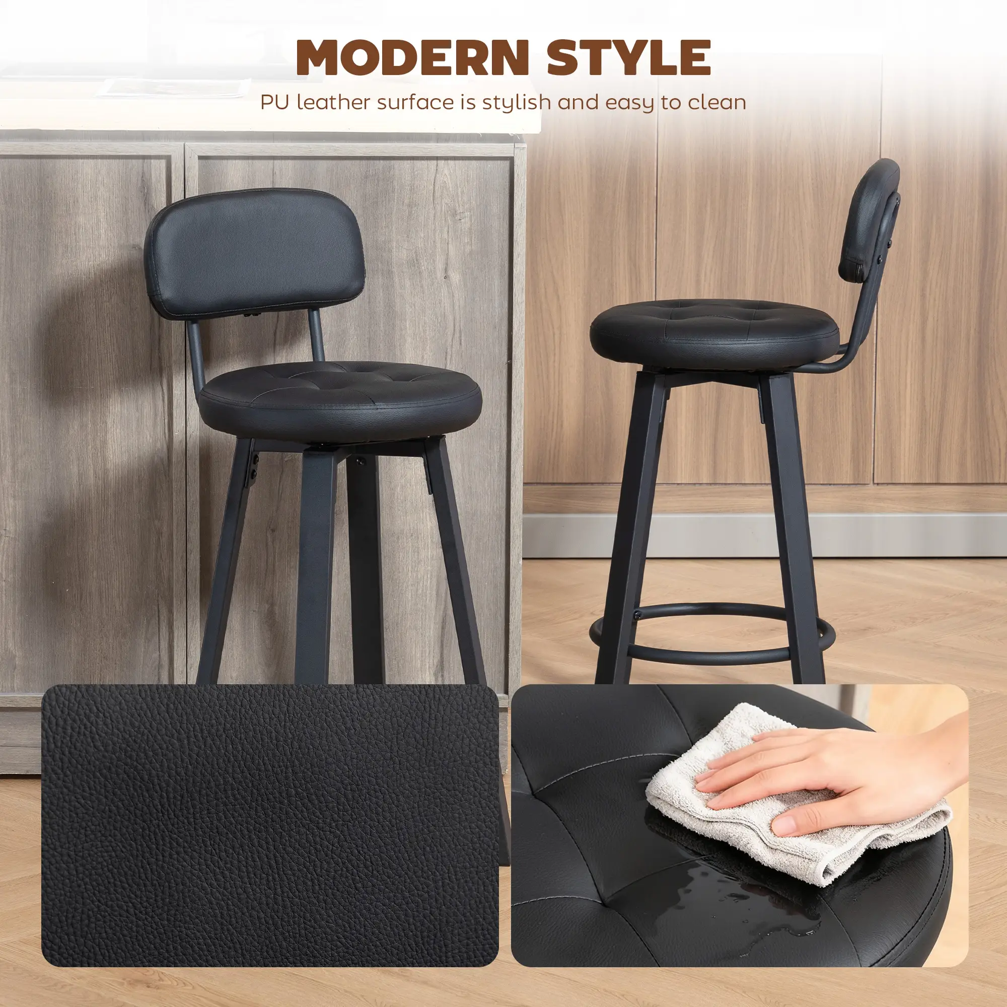 Upholstered Bar Stools Set Of 2, With Footrest And Backrest, Black - Image 4