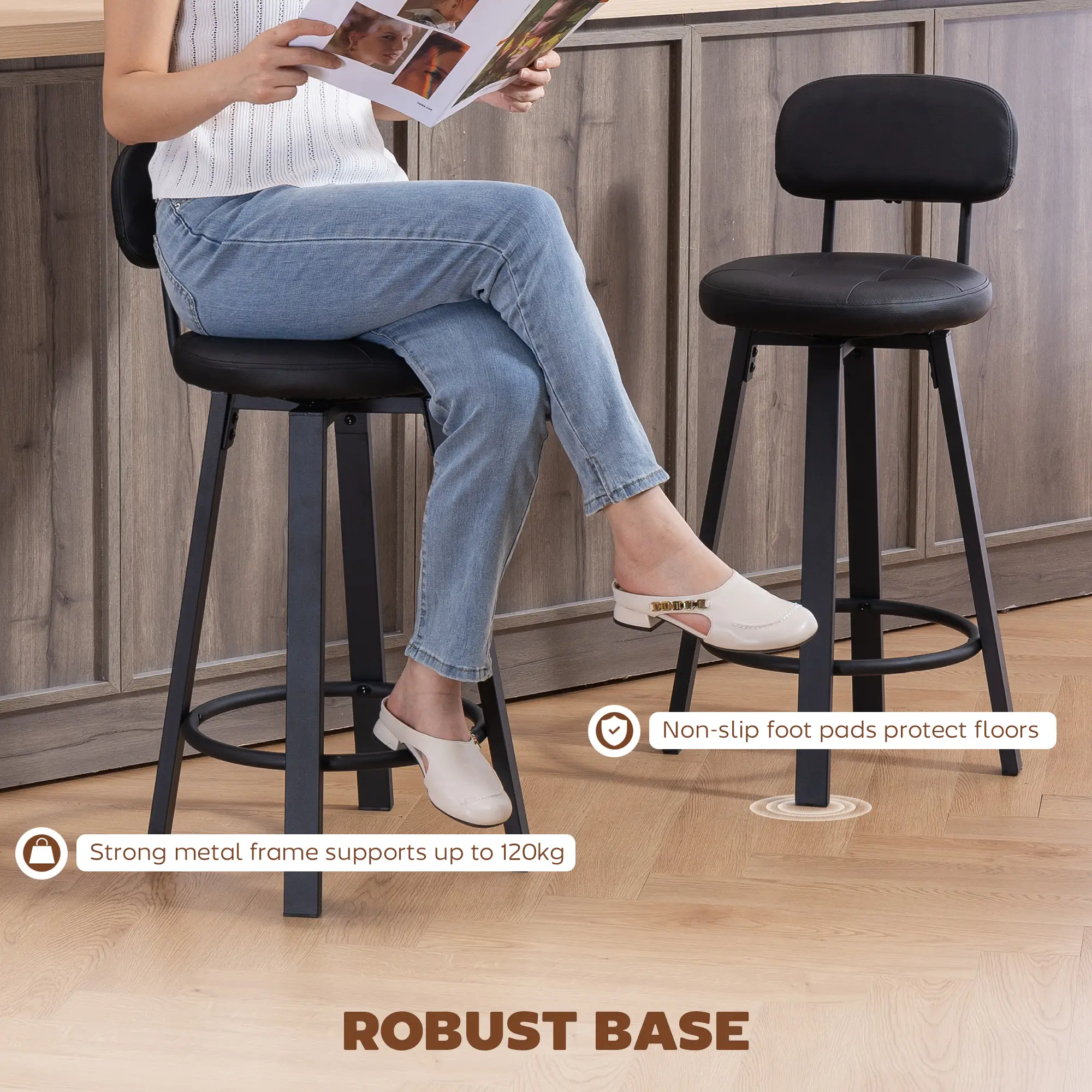 Upholstered Bar Stools Set Of 2, With Footrest And Backrest, Black - Image 7