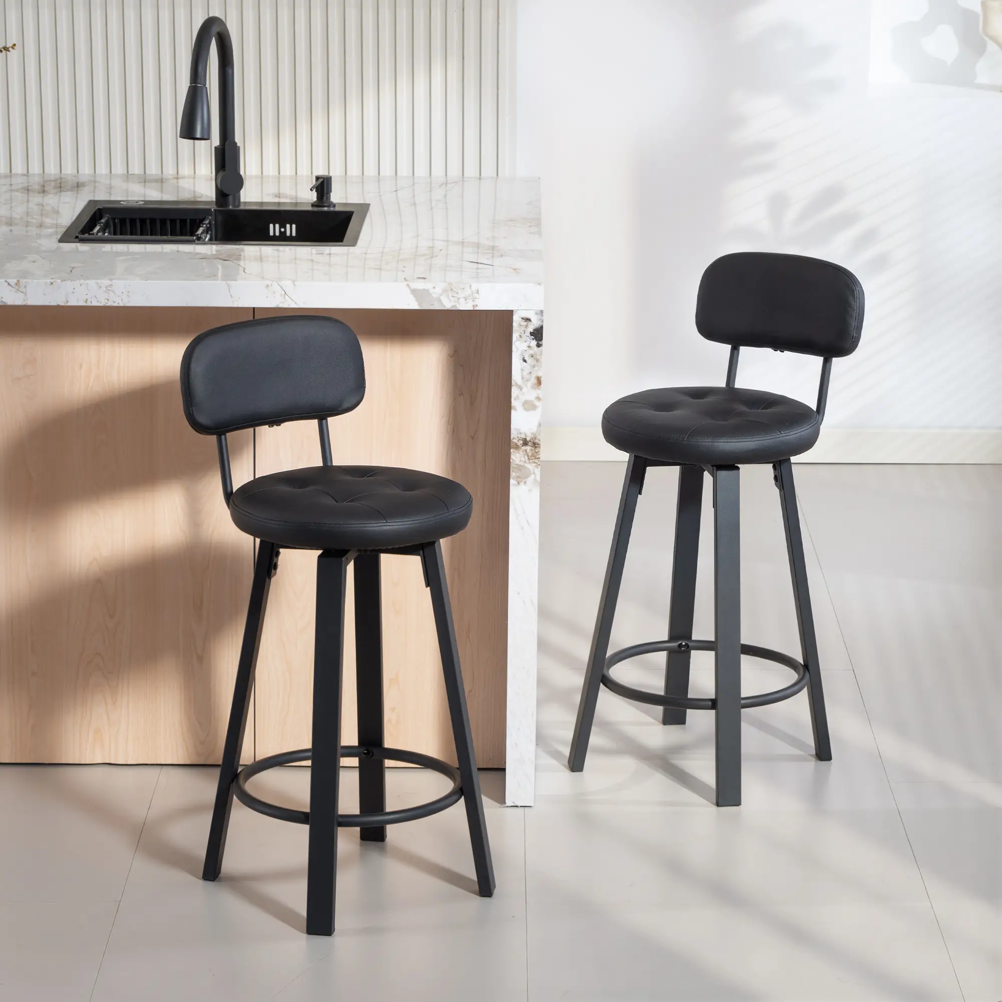 Upholstered Bar Stools Set Of 2, With Footrest And Backrest, Black - Image 8