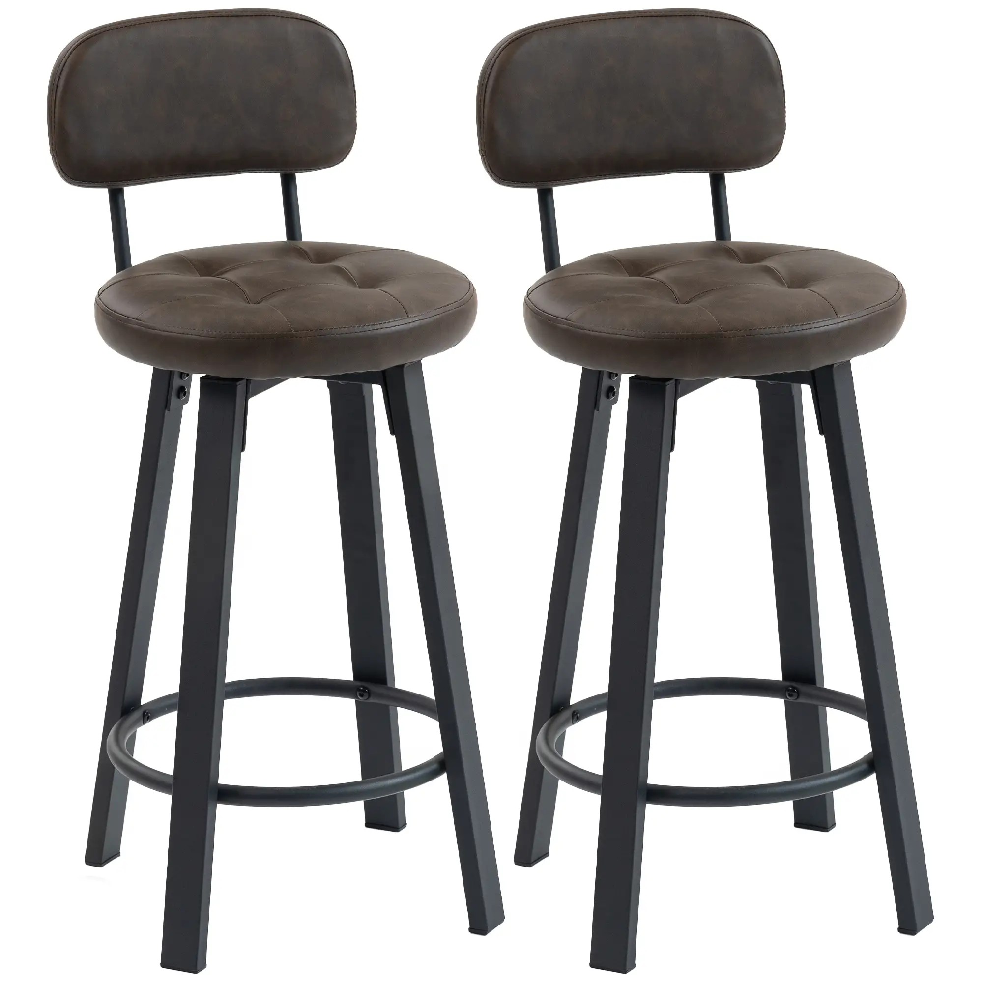 Upholstered Bar Stools Set Of 2, With Footrest And Backrest, Brown