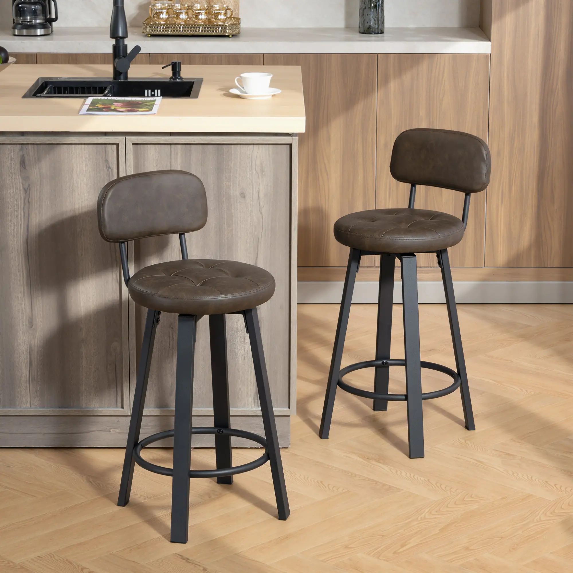 Upholstered Bar Stools Set Of 2, With Footrest And Backrest, Brown - Image 2