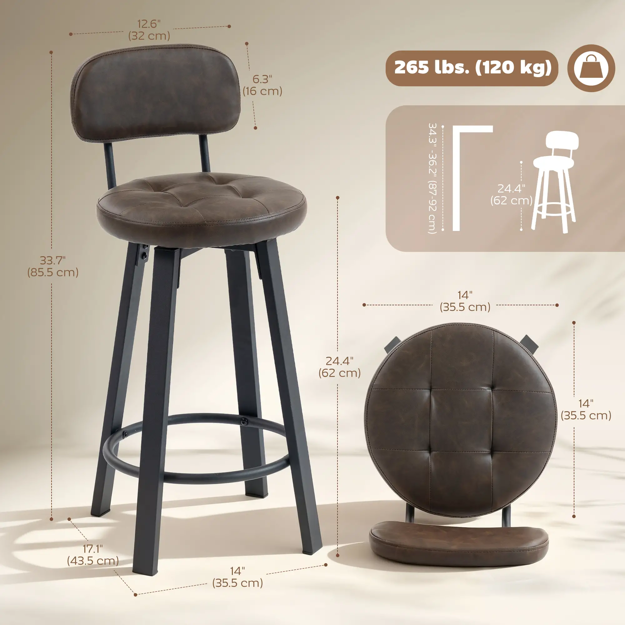Upholstered Bar Stools Set Of 2, With Footrest And Backrest, Brown - Image 3
