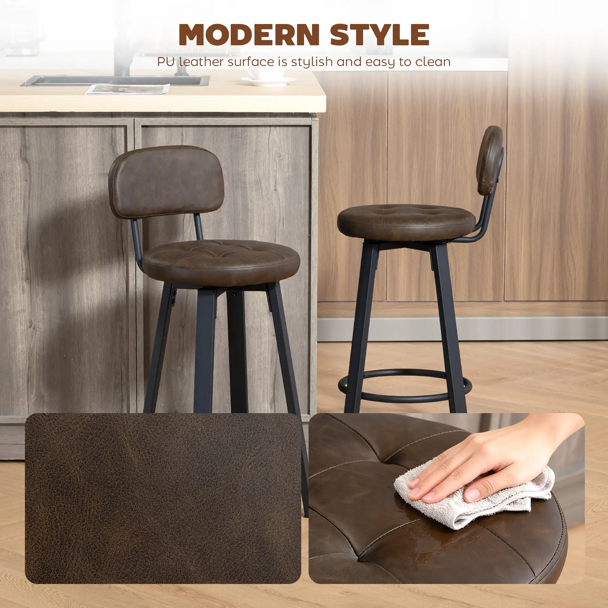 Upholstered Bar Stools Set Of 2, With Footrest And Backrest, Brown - Image 4