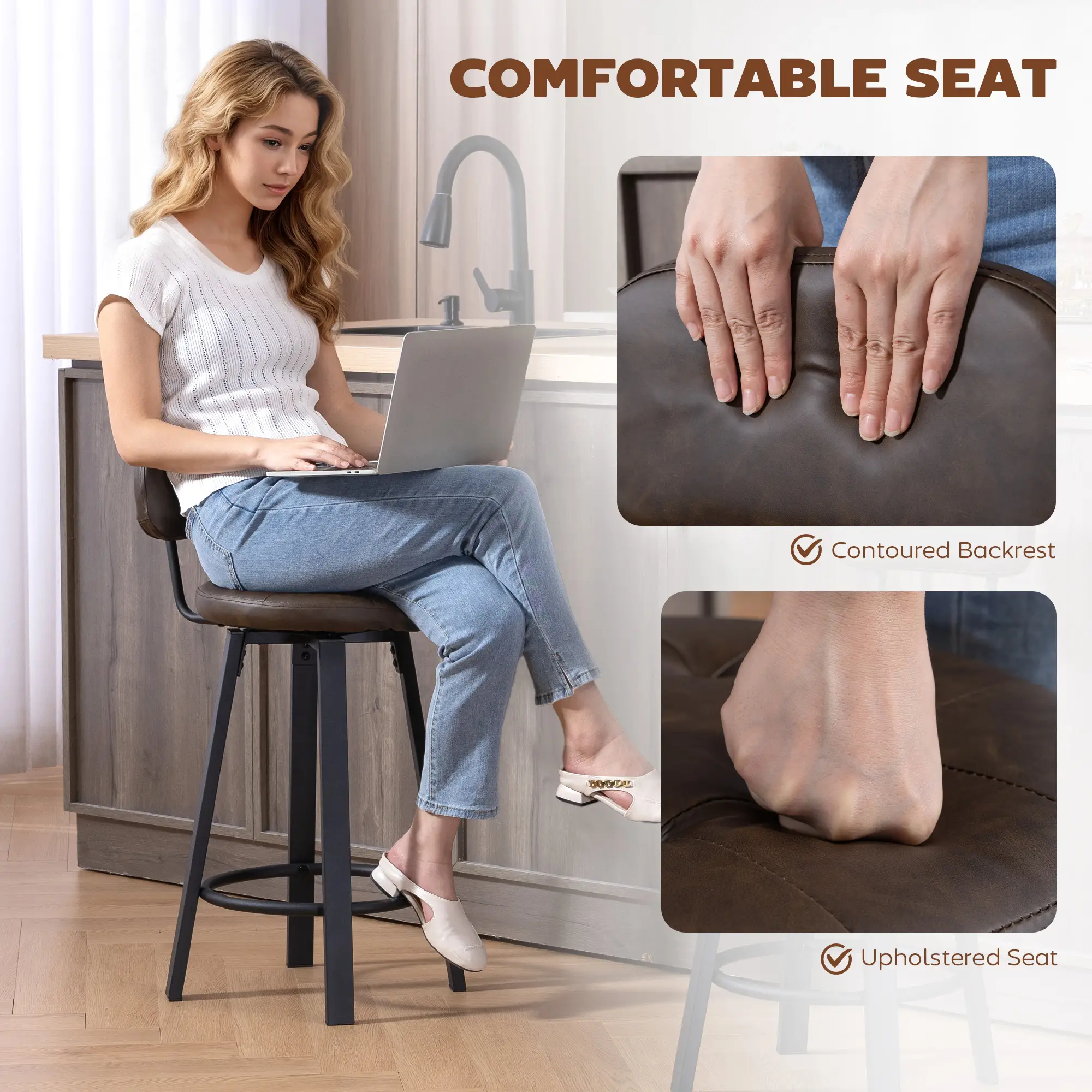 Upholstered Bar Stools Set Of 2, With Footrest And Backrest, Brown - Image 5