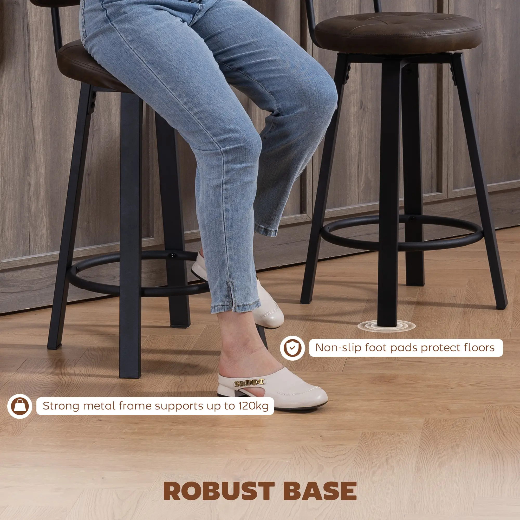 Upholstered Bar Stools Set Of 2, With Footrest And Backrest, Brown - Image 7