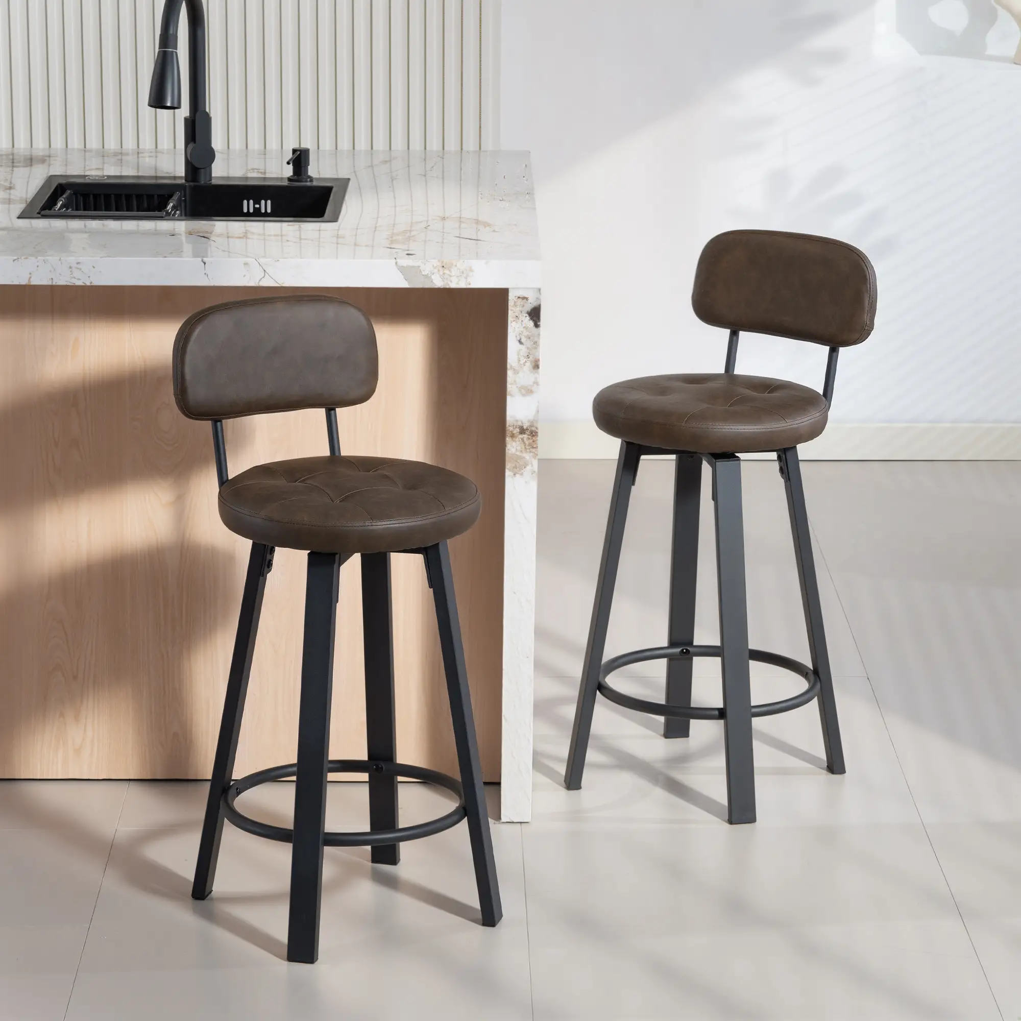 Upholstered Bar Stools Set Of 2, With Footrest And Backrest, Brown - Image 8