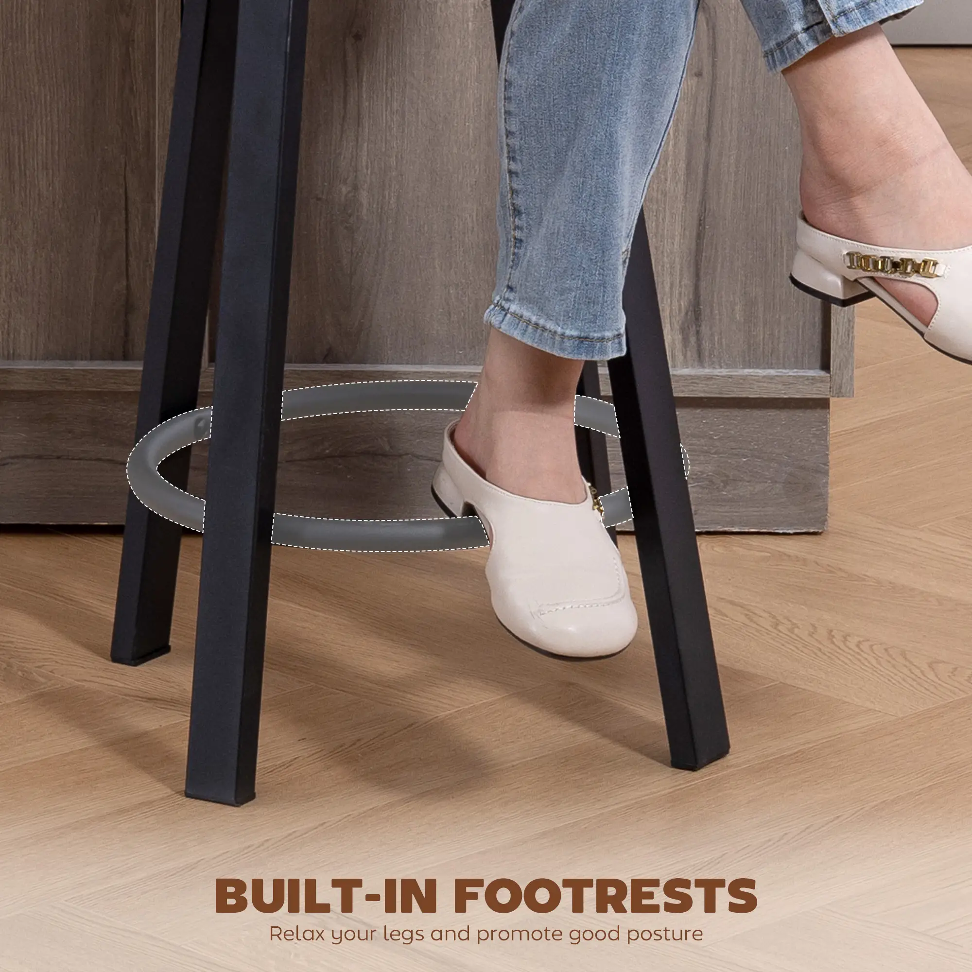 Upholstered Bar Stools Set Of 2, With Footrest And Backrest, Brown - Image 9