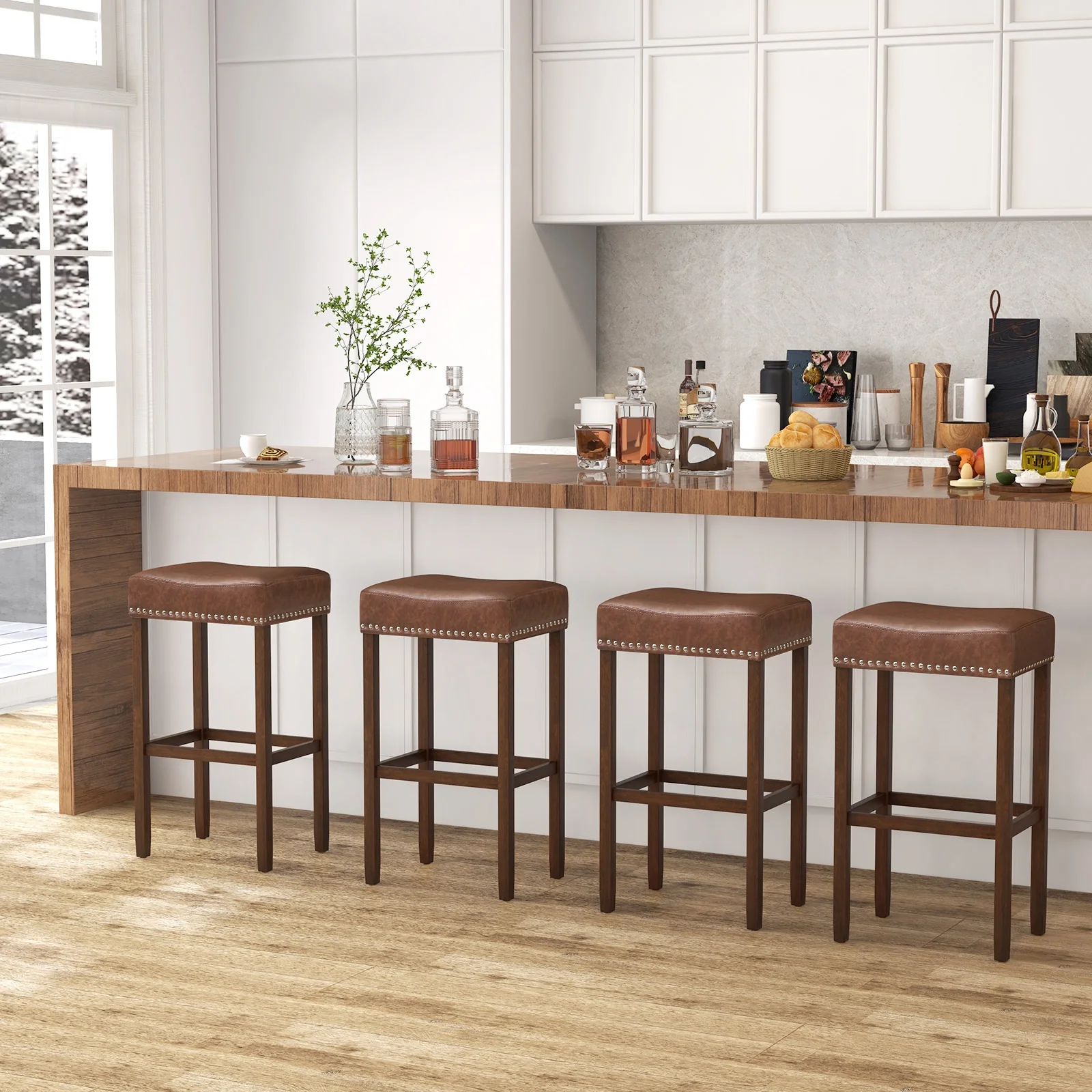 Upholstered Bar Stools Set of 2, With Footrests, Brown - Image 7