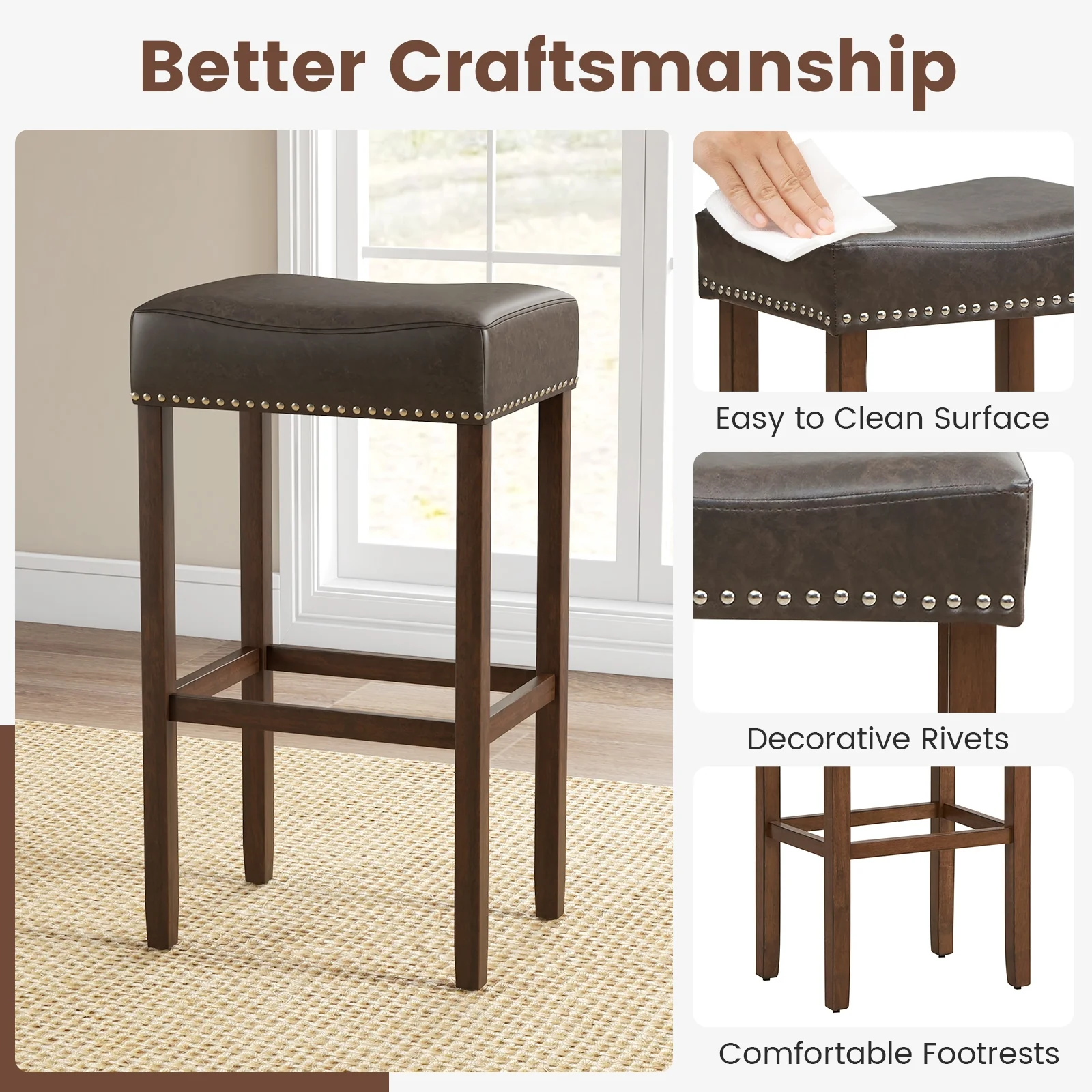 Upholstered Bar Stools Set of 2, with Footrests, Dark Gray - Image 10