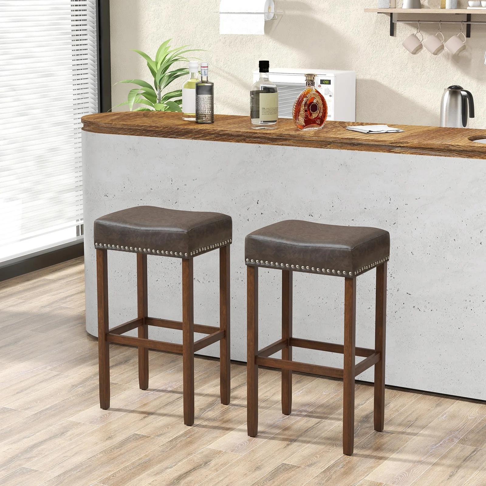 Upholstered Bar Stools Set of 2, with Footrests, Dark Gray - Image 2