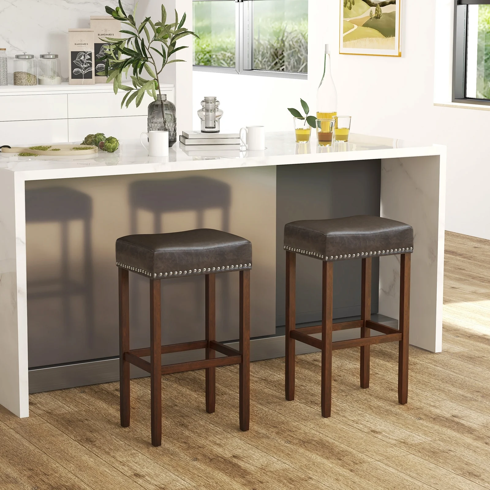 Upholstered Bar Stools Set of 2, with Footrests, Dark Gray - Image 3
