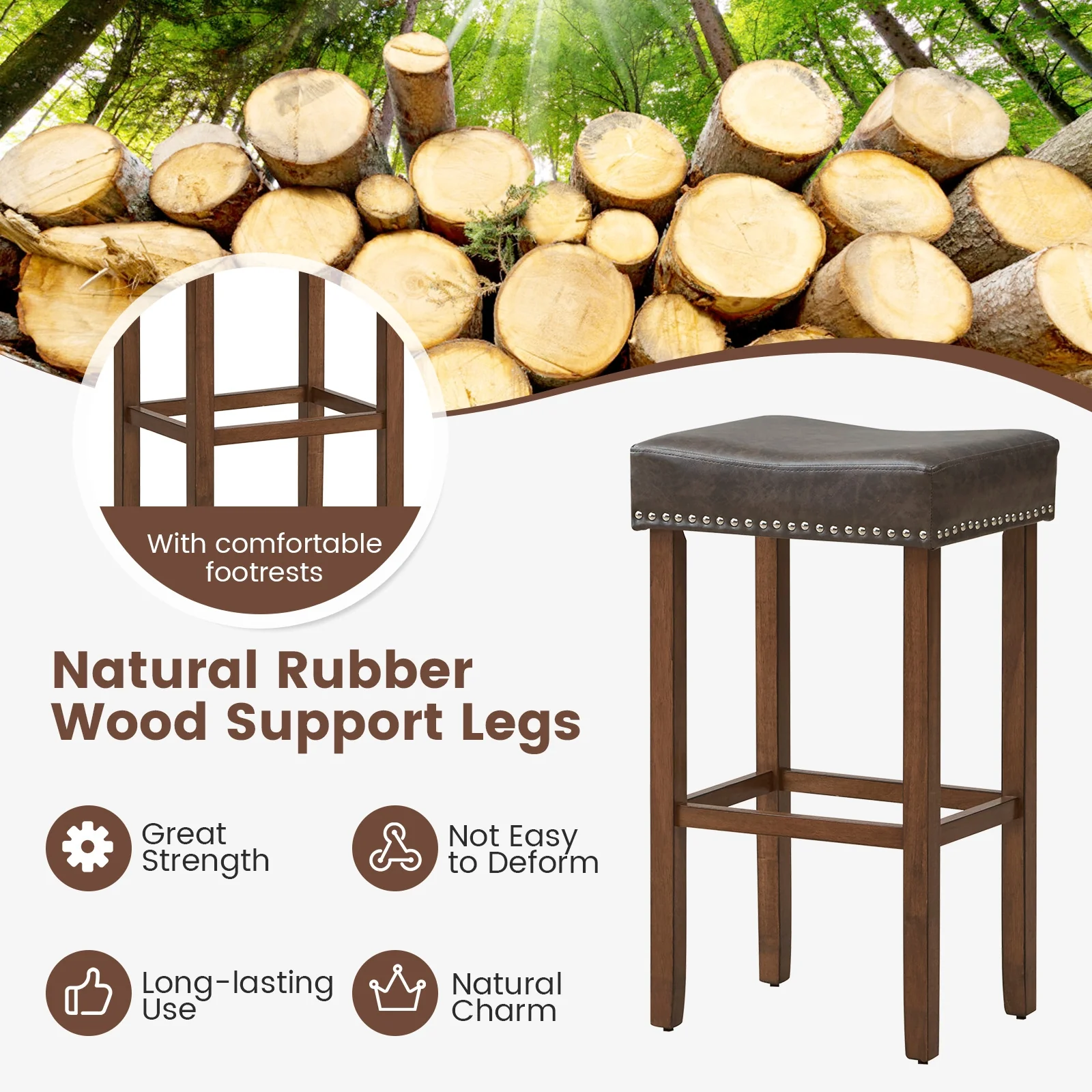 Upholstered Bar Stools Set of 2, with Footrests, Dark Gray - Image 9