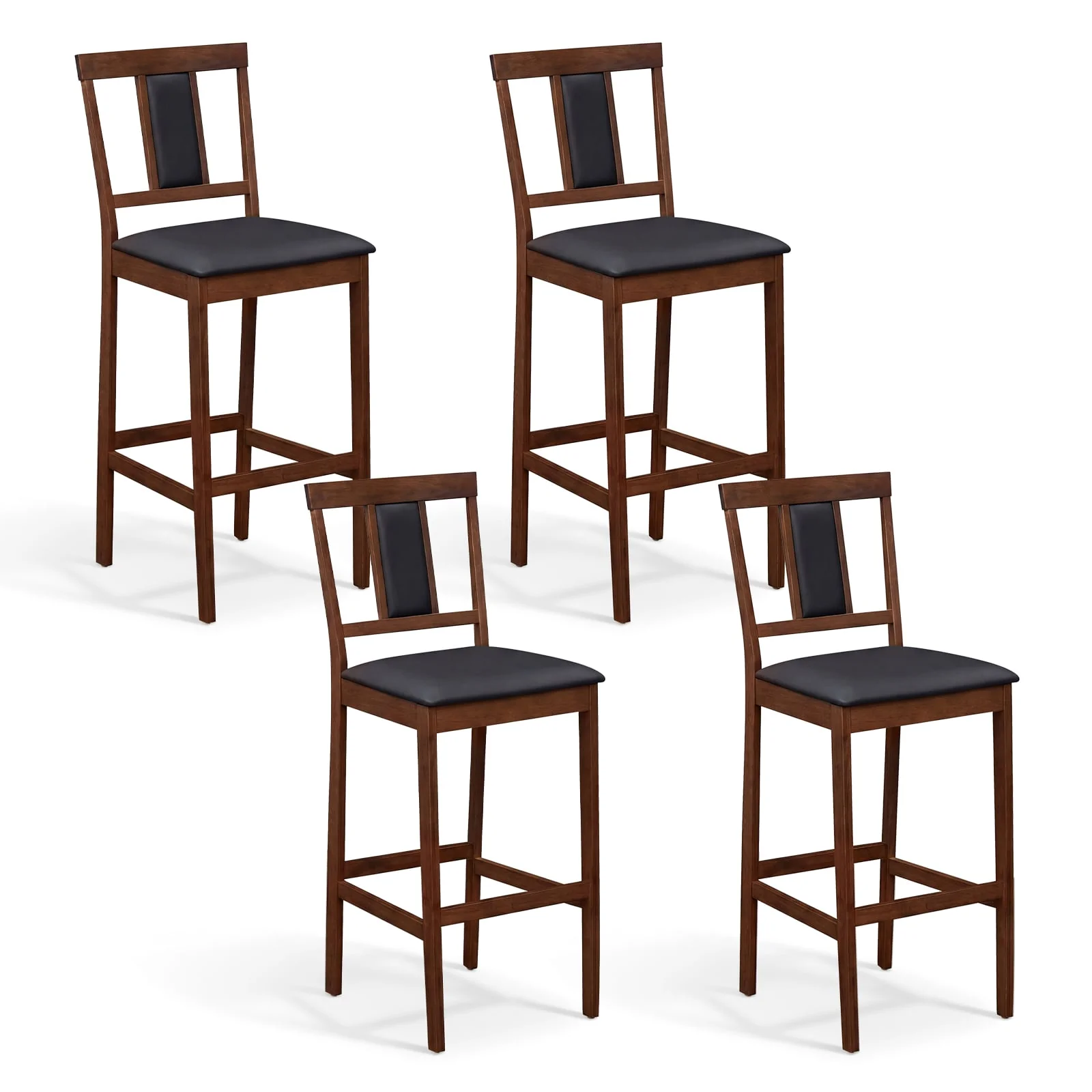 Upholstered Barstool Set, 29.5 Inch Bar Height, Solid Rubber Wood Frame, Walnut
