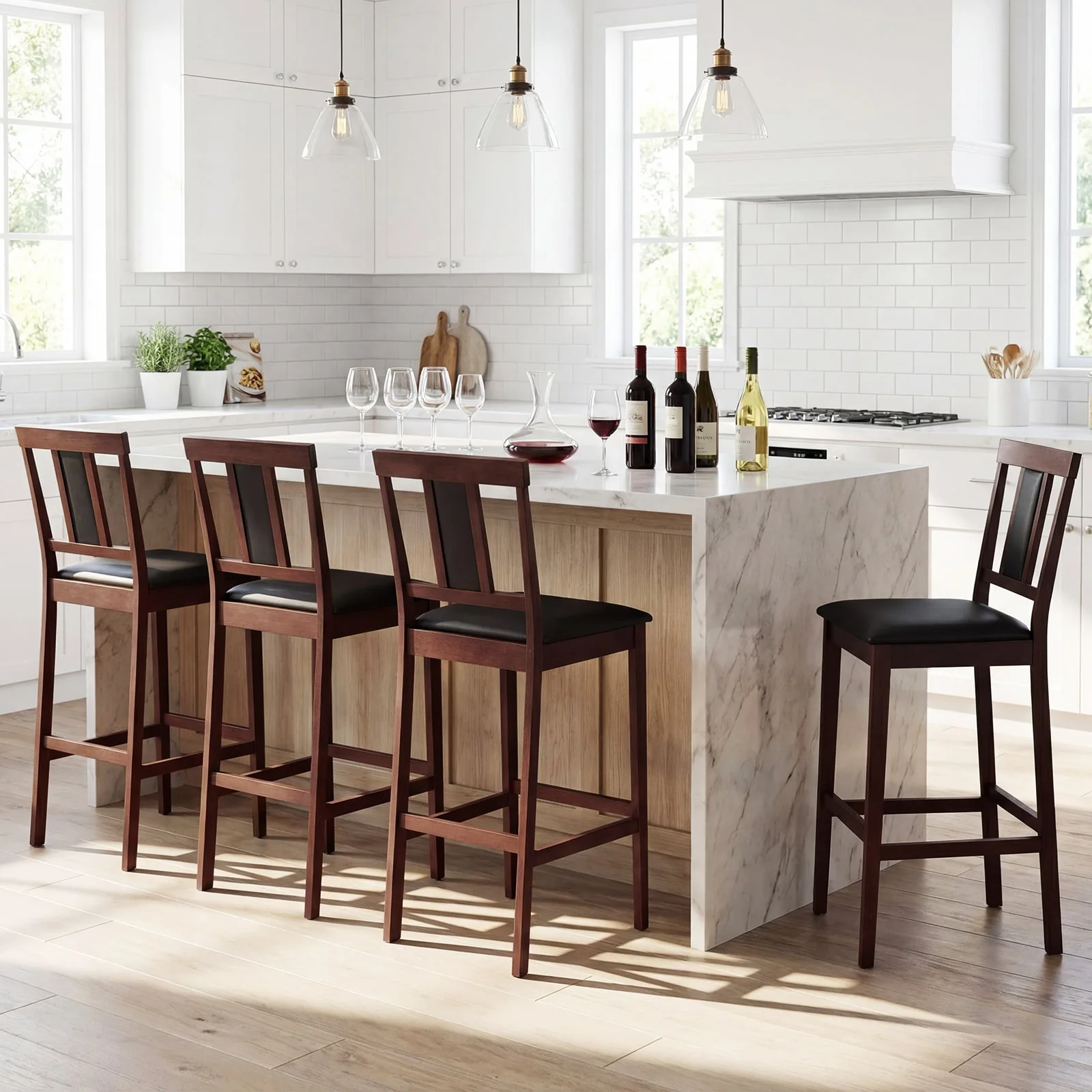 Upholstered Barstool Set, 29.5 Inch Bar Height, Solid Rubber Wood Frame, Walnut - Image 2