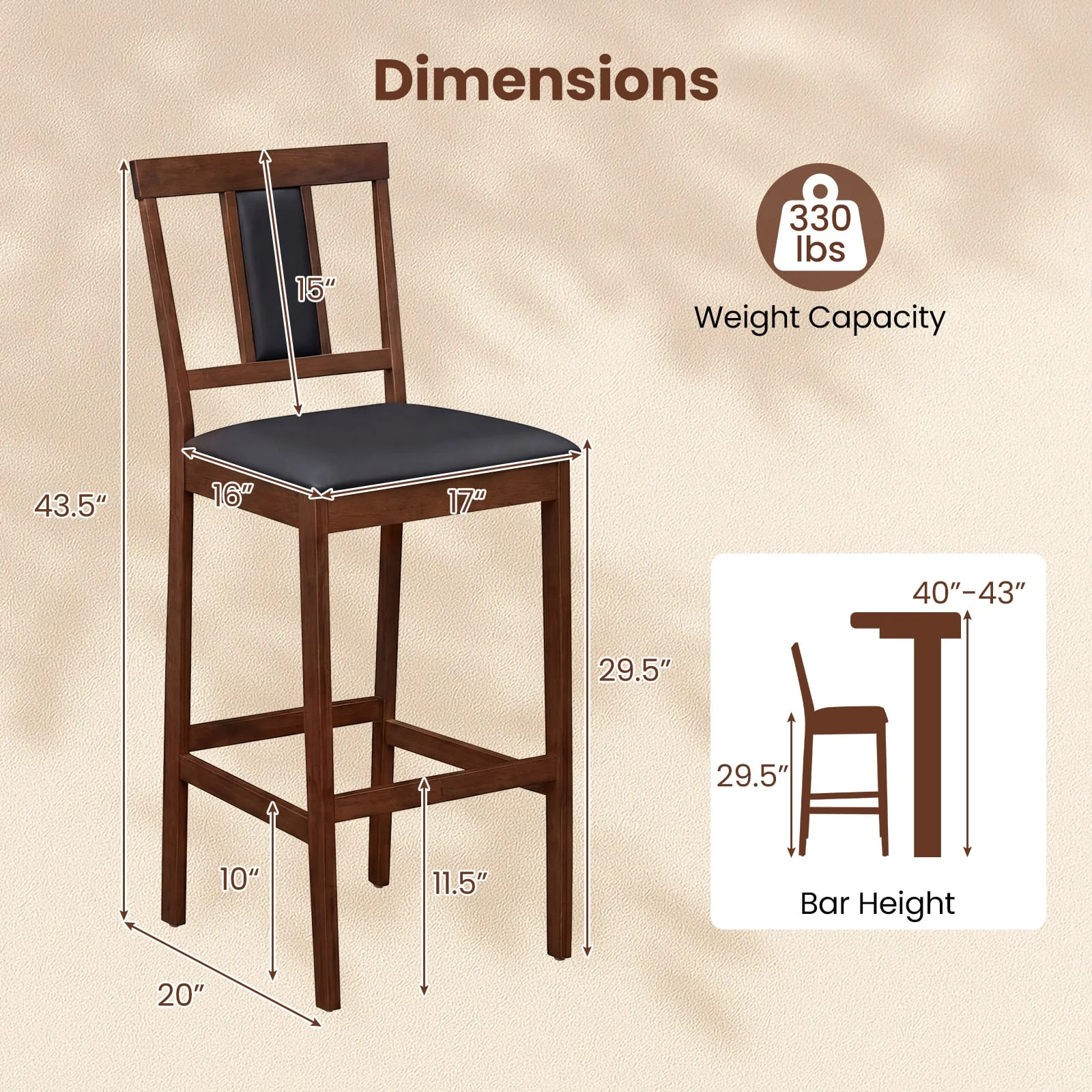 Upholstered Barstool Set, 29.5 Inch Bar Height, Solid Rubber Wood Frame, Walnut - Image 3