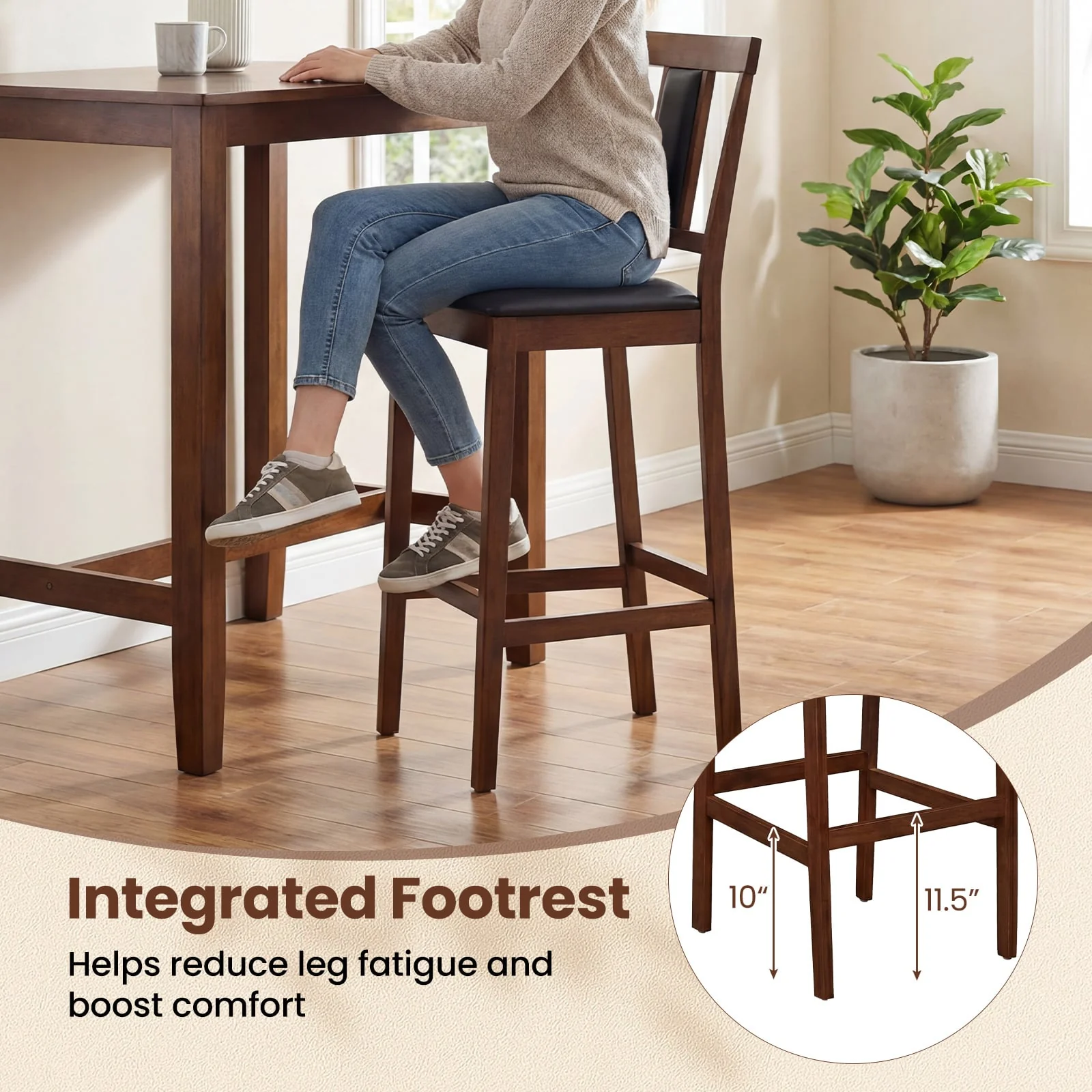 Upholstered Barstool Set, 29.5 Inch Bar Height, Solid Rubber Wood Frame, Walnut - Image 5