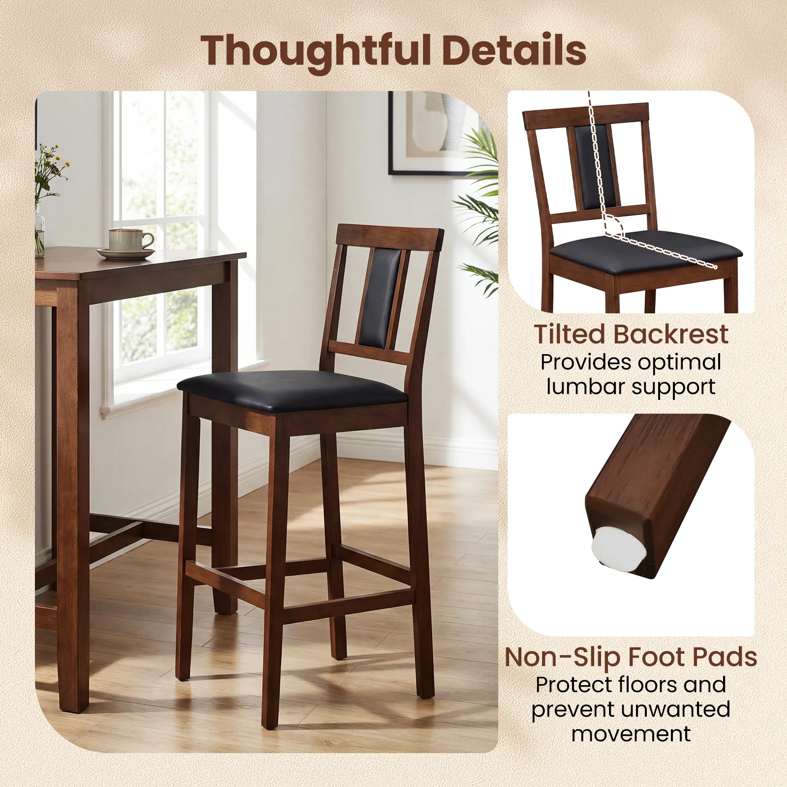 Upholstered Barstool Set, 29.5 Inch Bar Height, Solid Rubber Wood Frame, Walnut - Image 7