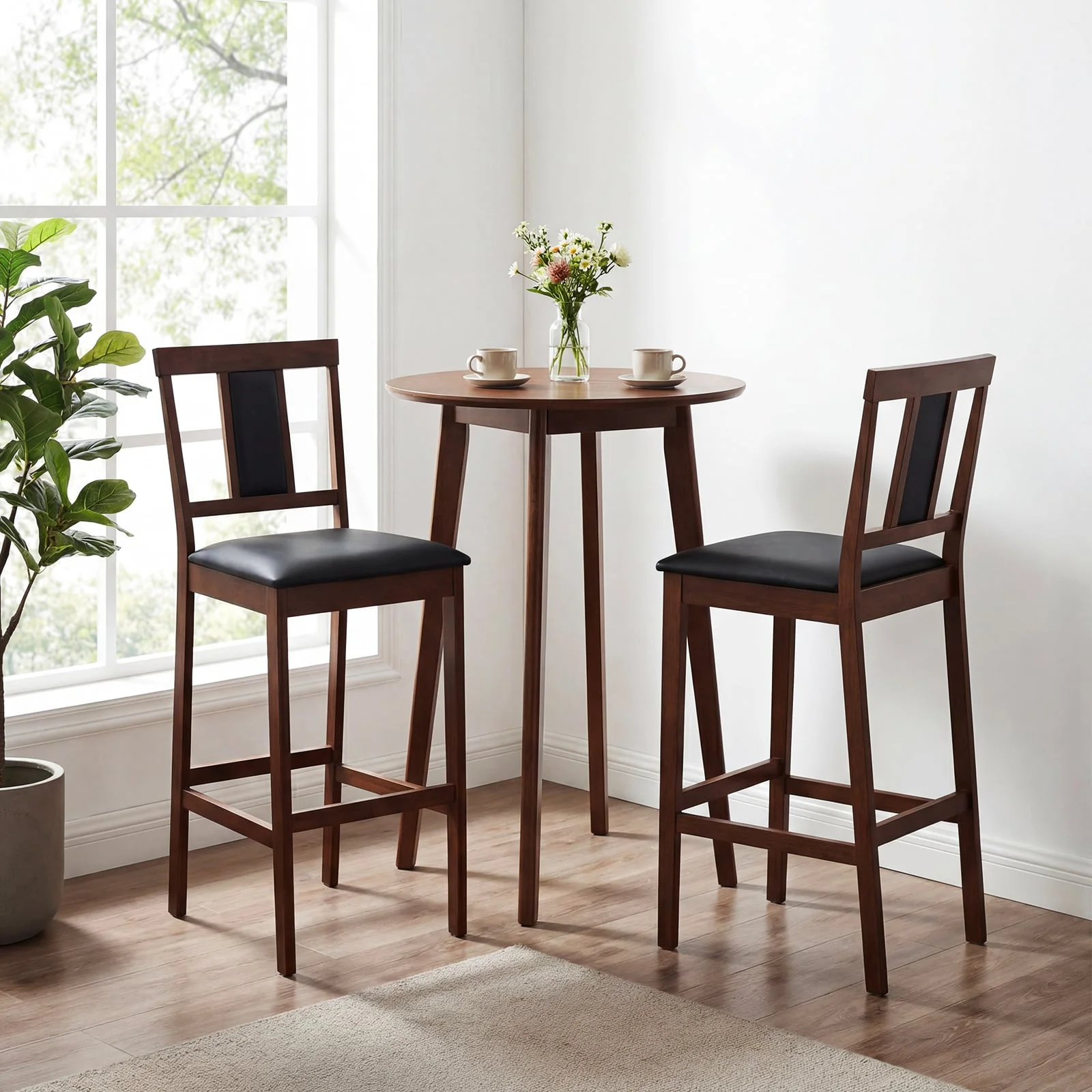 Upholstered Barstool Set, 29.5 Inch, Solid Rubber Wood Frame, Walnut - Image 3