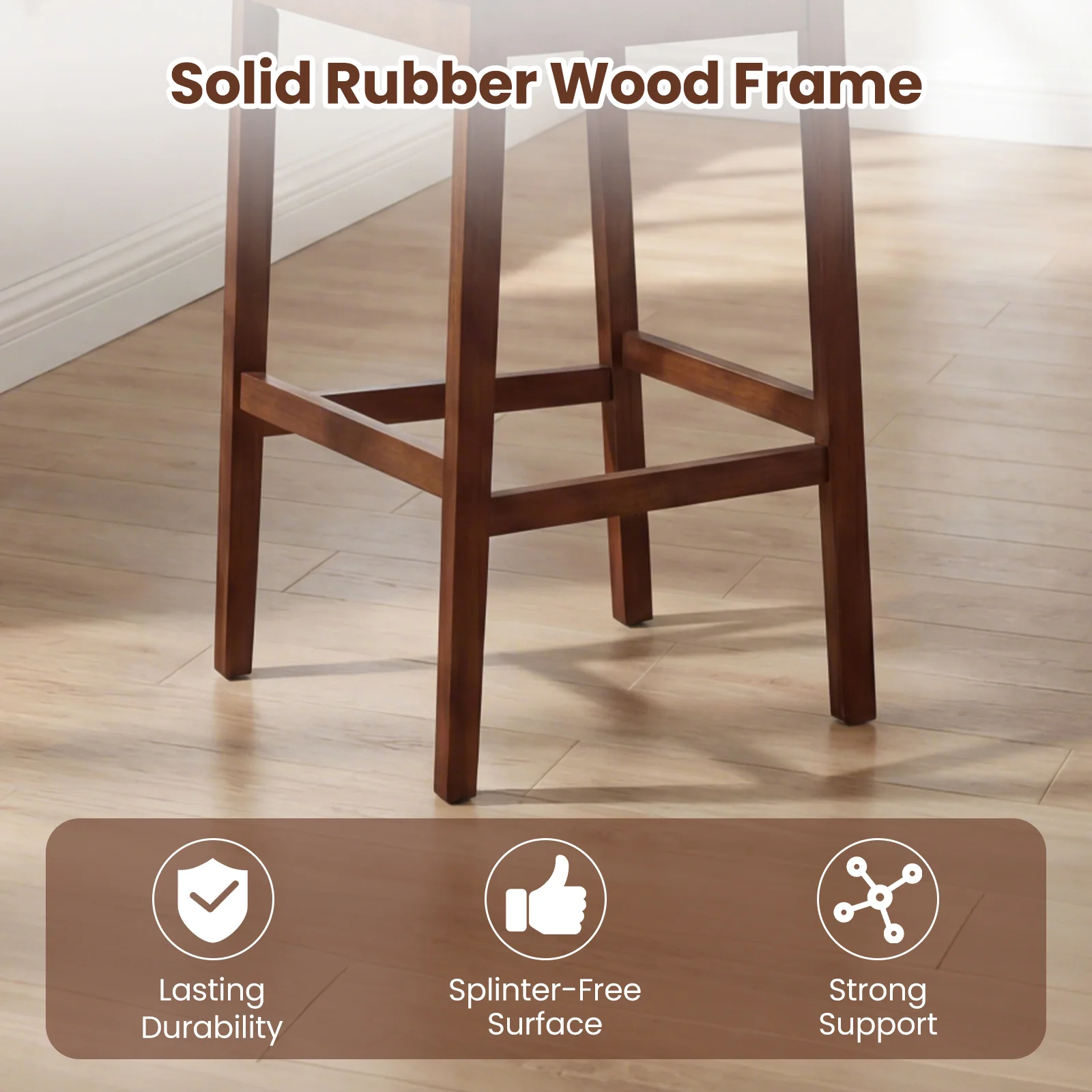 Upholstered Barstool Set, 29.5 Inch, Solid Rubber Wood Frame, Walnut - Image 7