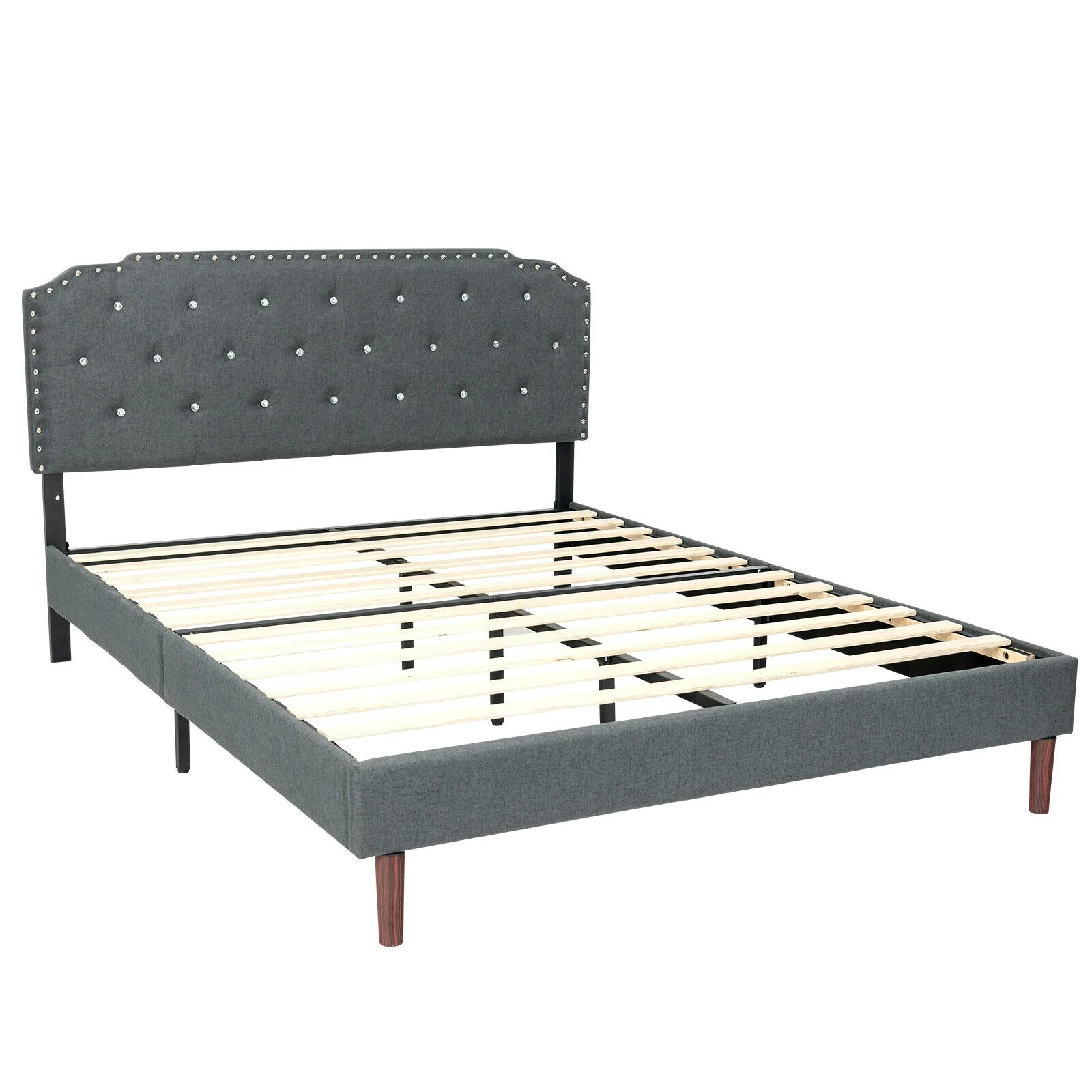 Upholstered Bed Frame, Adjustable Headboard, Full Size, Gray