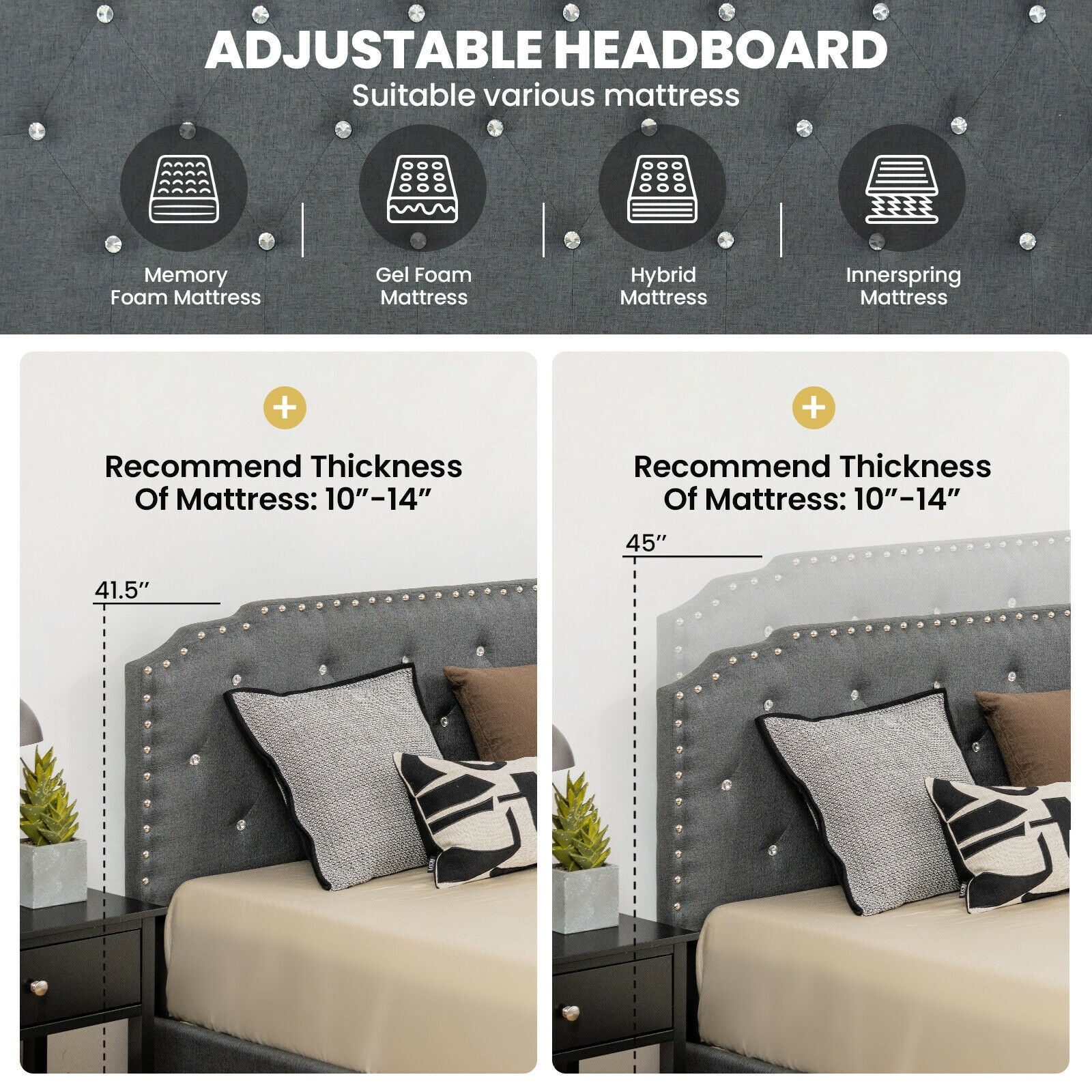 Upholstered Bed Frame, Adjustable Headboard, Full Size, Gray - Image 3