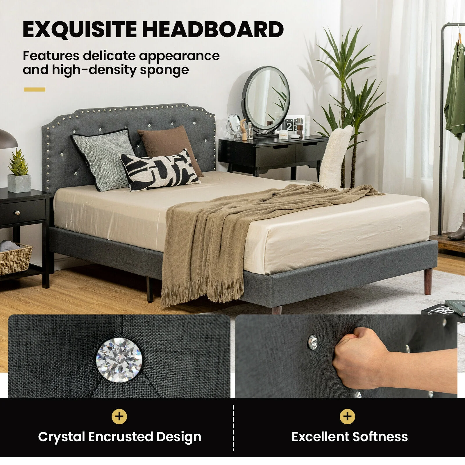Upholstered Bed Frame, Adjustable Headboard, Full Size, Gray - Image 6