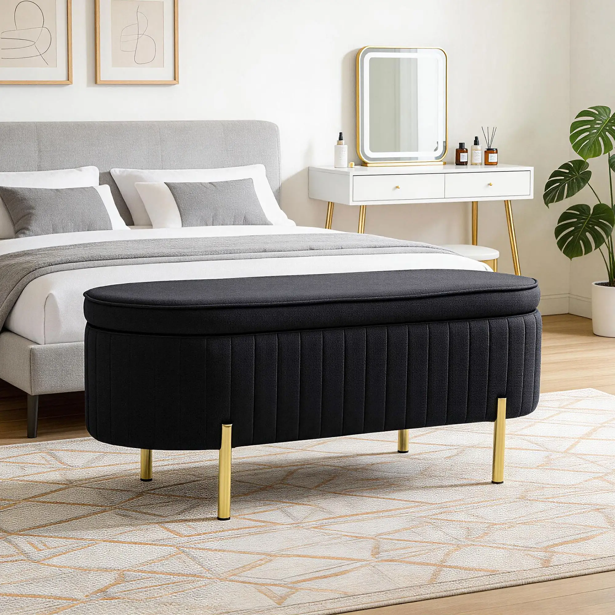 Upholstered Bedroom Bench, Channel Tufted Ottoman, Black - Image 2