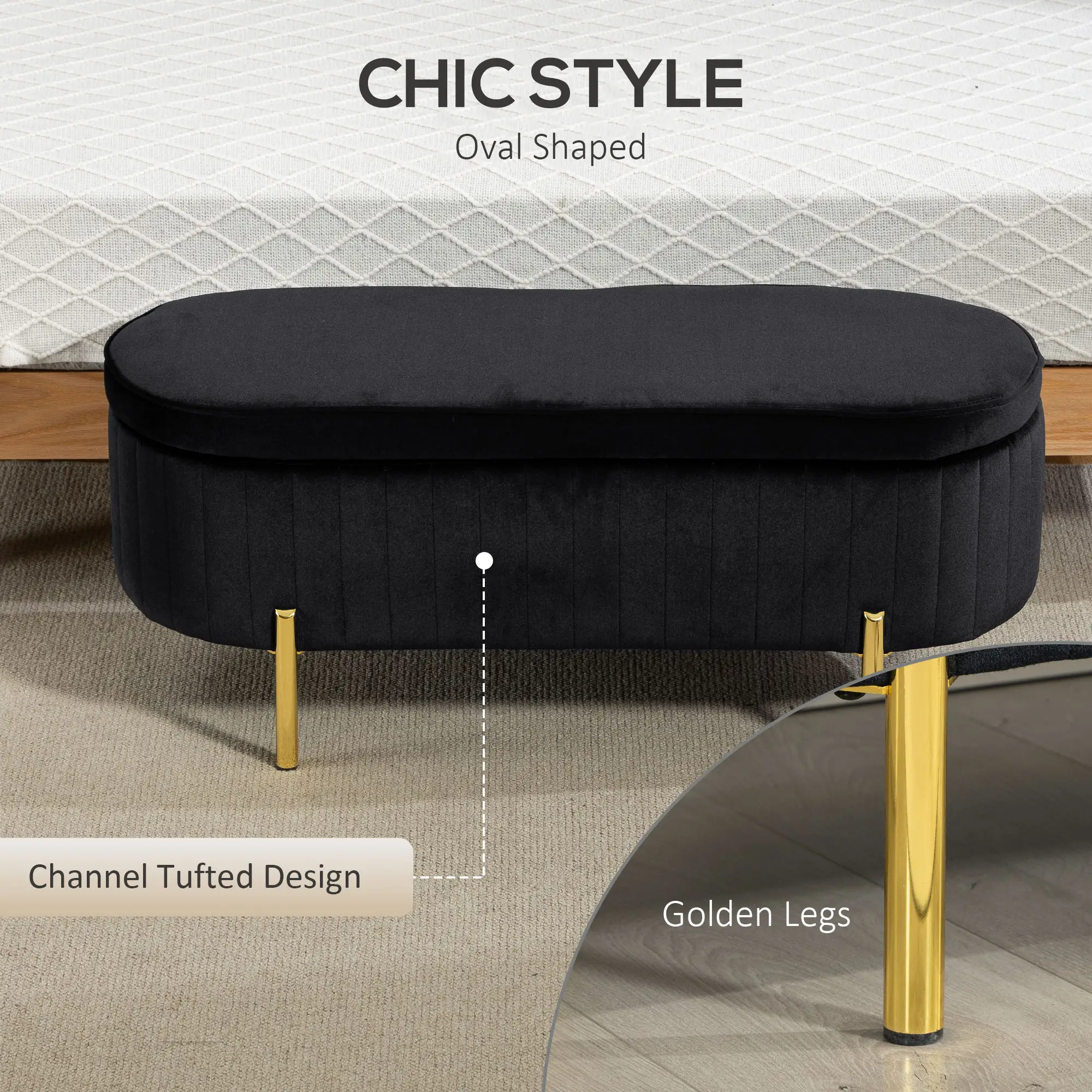Upholstered Bedroom Bench, Channel Tufted Ottoman, Black - Image 5