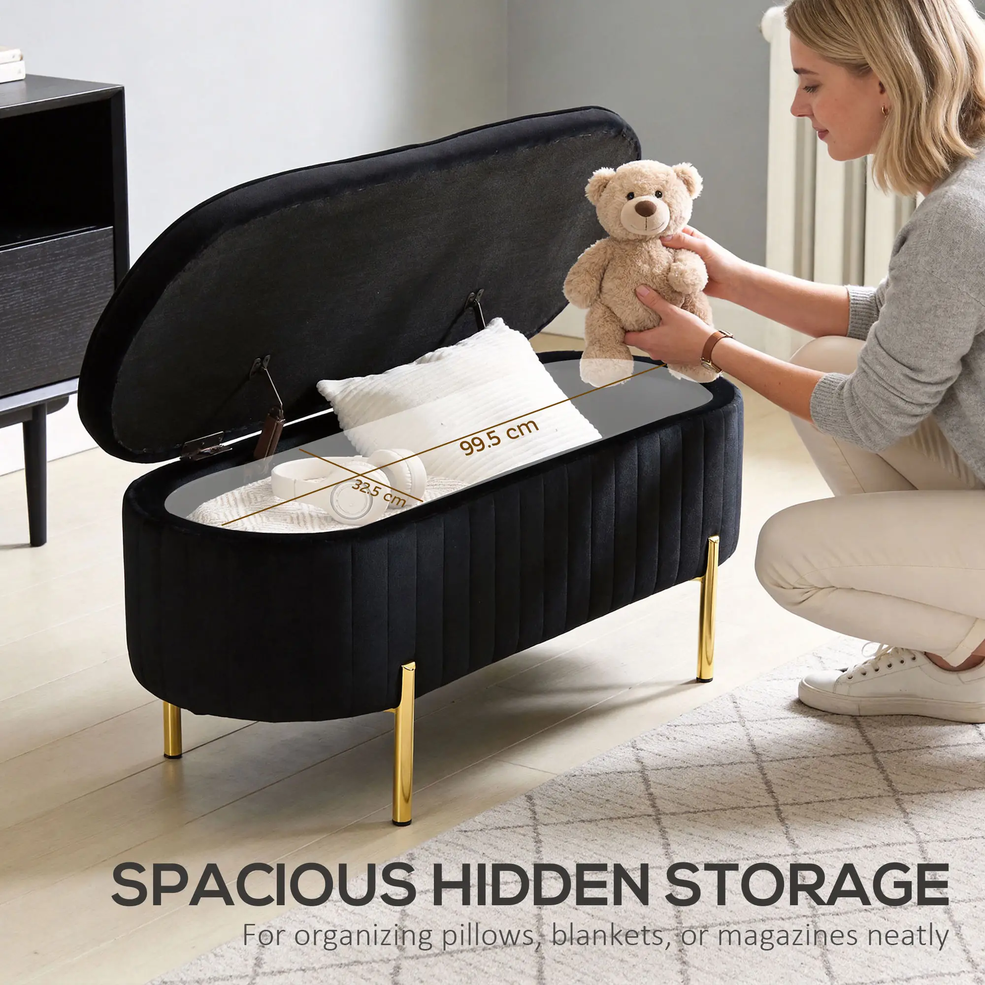 Upholstered Bedroom Bench, Channel Tufted Ottoman, Black - Image 6
