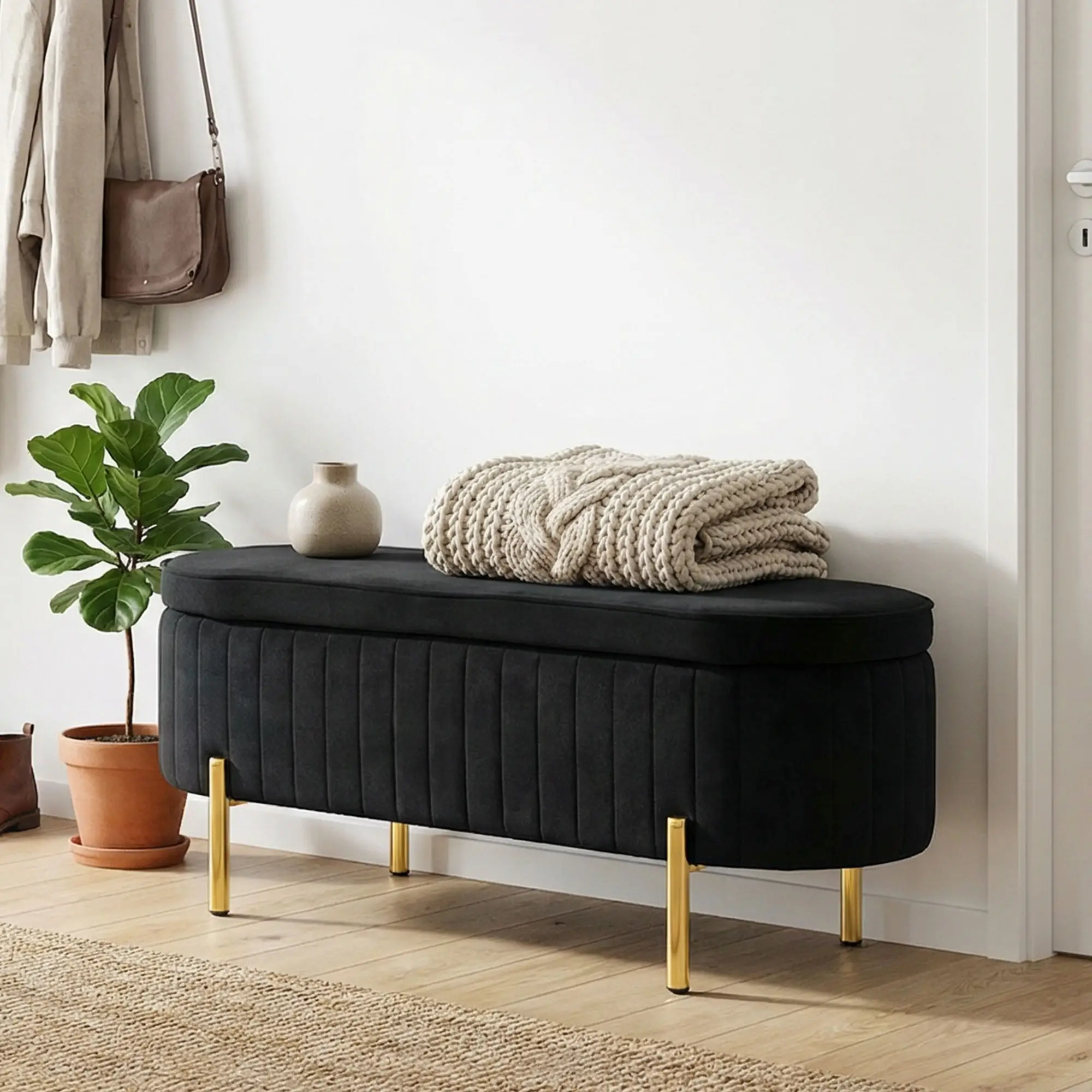 Upholstered Bedroom Bench, Channel Tufted Ottoman, Black - Image 8