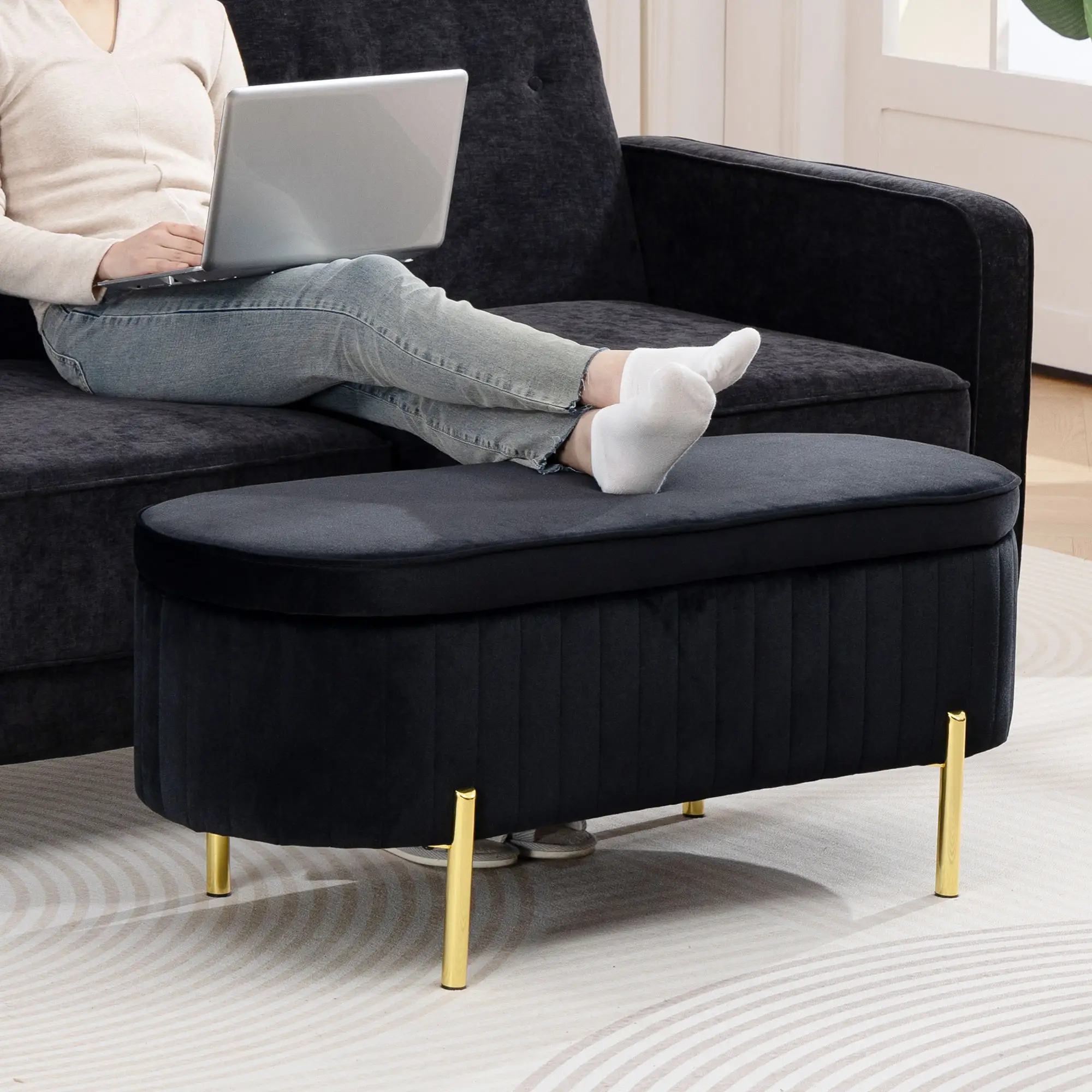 Upholstered Bedroom Bench, Channel Tufted Ottoman, Black - Image 9