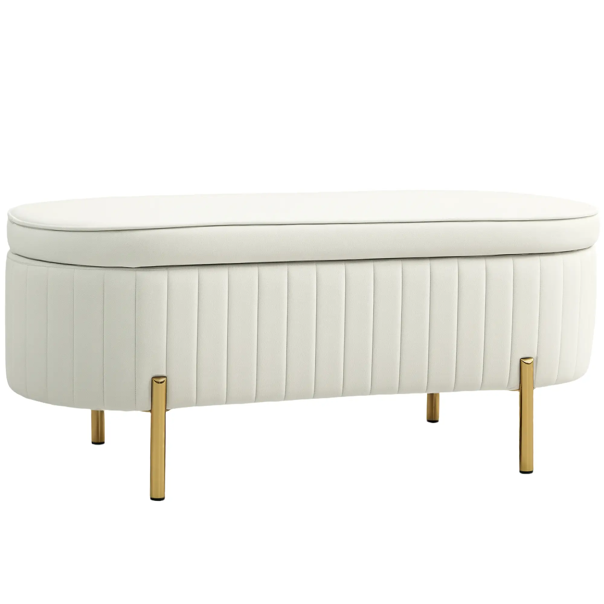 Upholstered Channel Tufted Ottoman Bench, Thick Padding, Metal Legs, Cream White