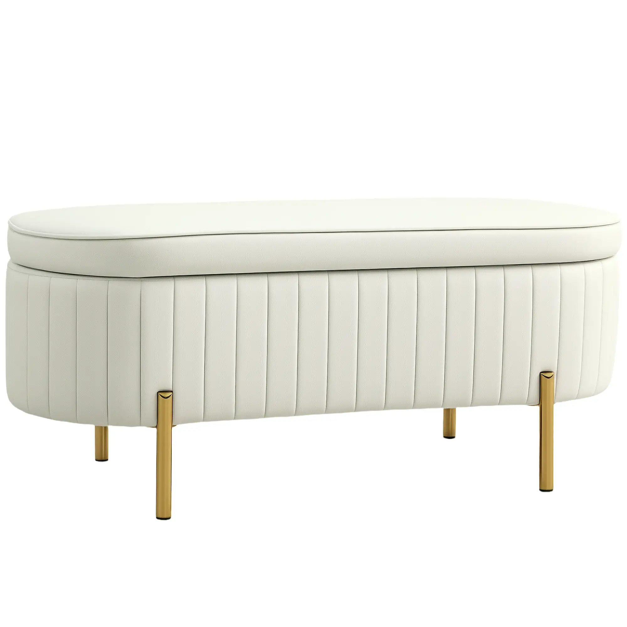 Upholstered Channel Tufted Ottoman Bench, Thick Padding, Metal Legs, Cream White - Image 11