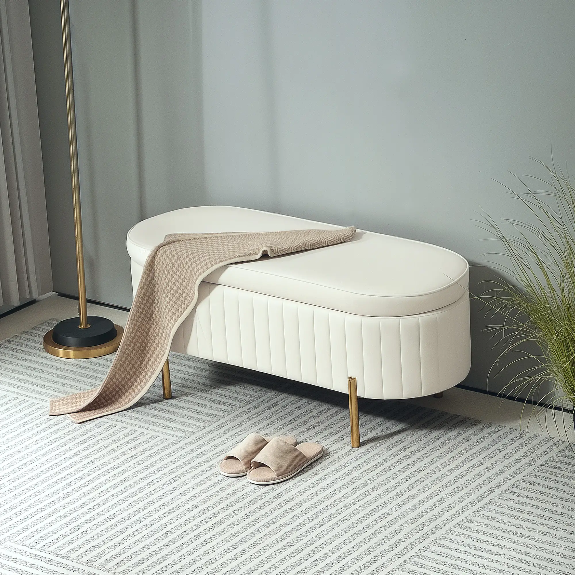 Upholstered Channel Tufted Ottoman Bench, Thick Padding, Metal Legs, Cream White - Image 2