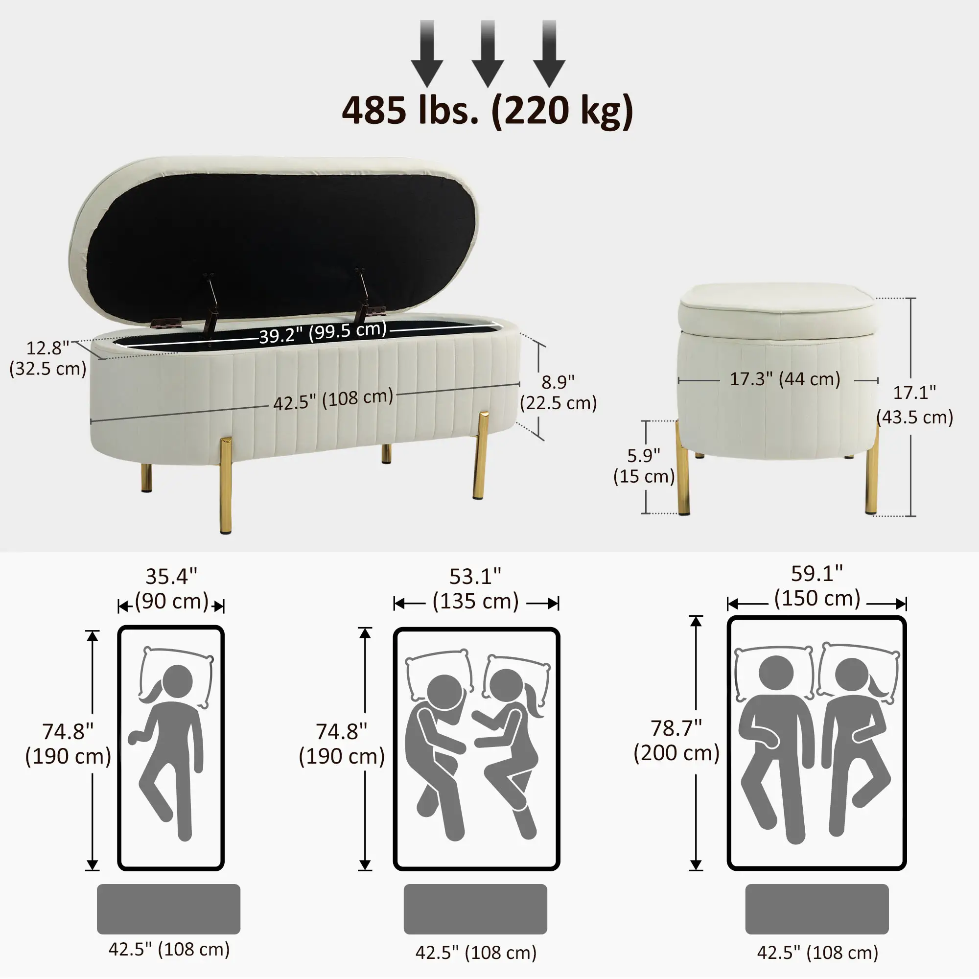 Upholstered Channel Tufted Ottoman Bench, Thick Padding, Metal Legs, Cream White - Image 3