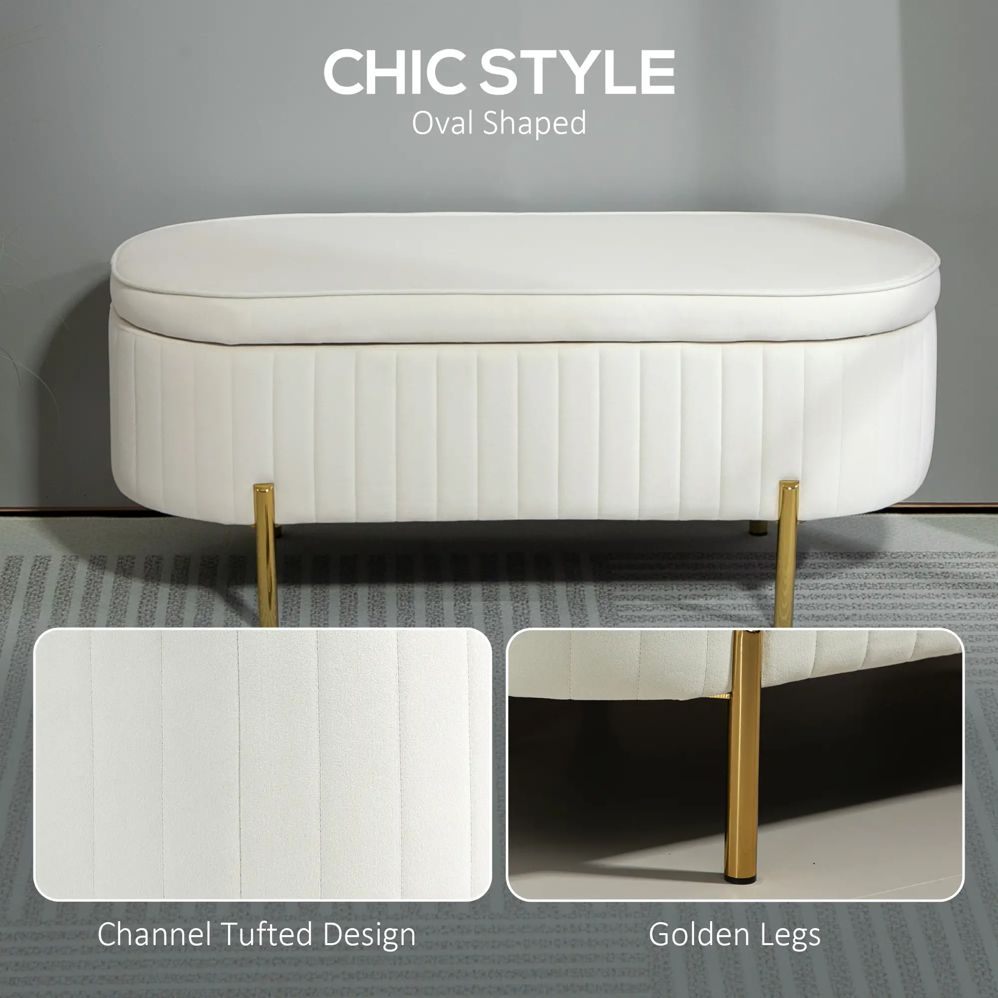 Upholstered Channel Tufted Ottoman Bench, Thick Padding, Metal Legs, Cream White - Image 5
