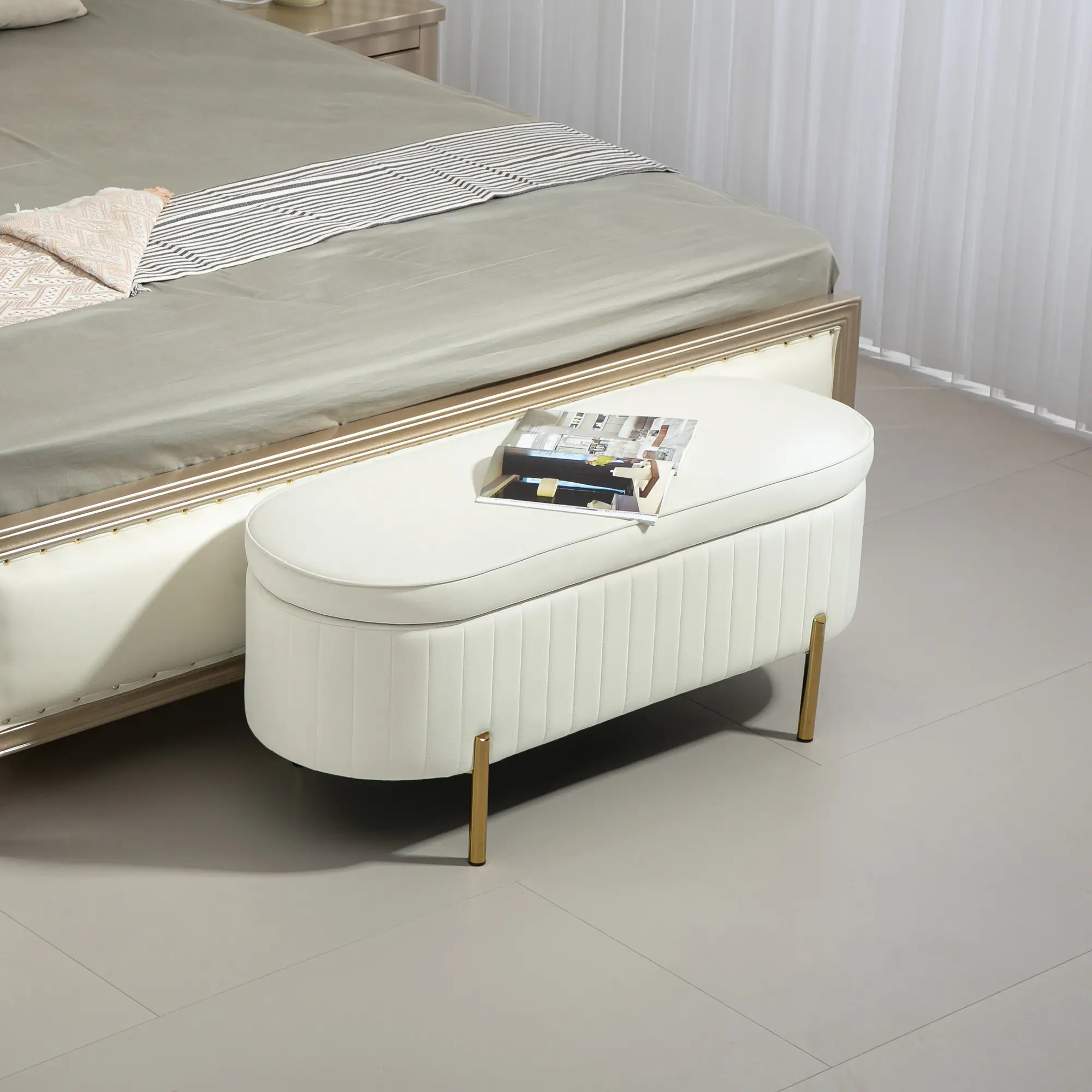 Upholstered Channel Tufted Ottoman Bench, Thick Padding, Metal Legs, Cream White - Image 8