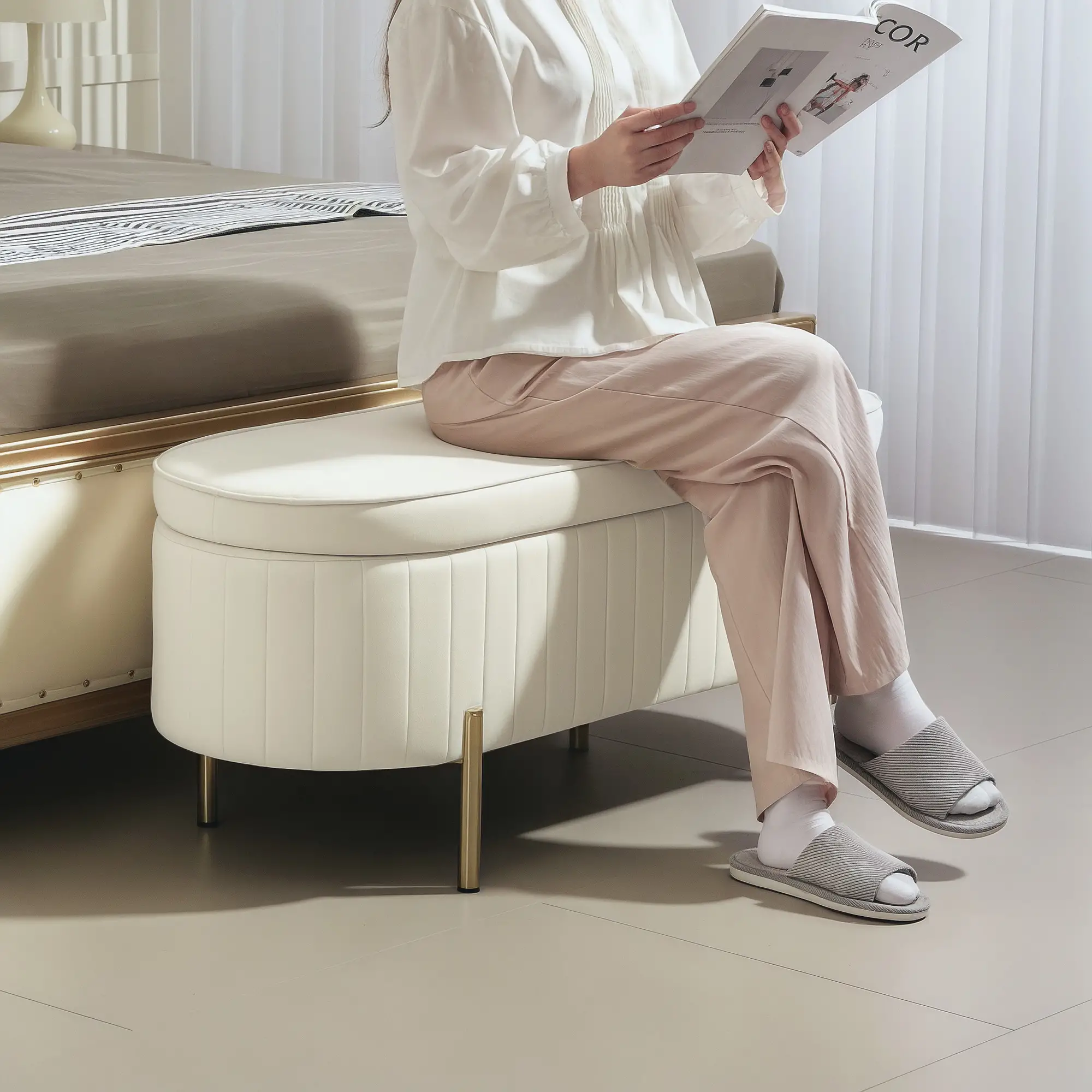 Upholstered Channel Tufted Ottoman Bench, Thick Padding, Metal Legs, Cream White - Image 9