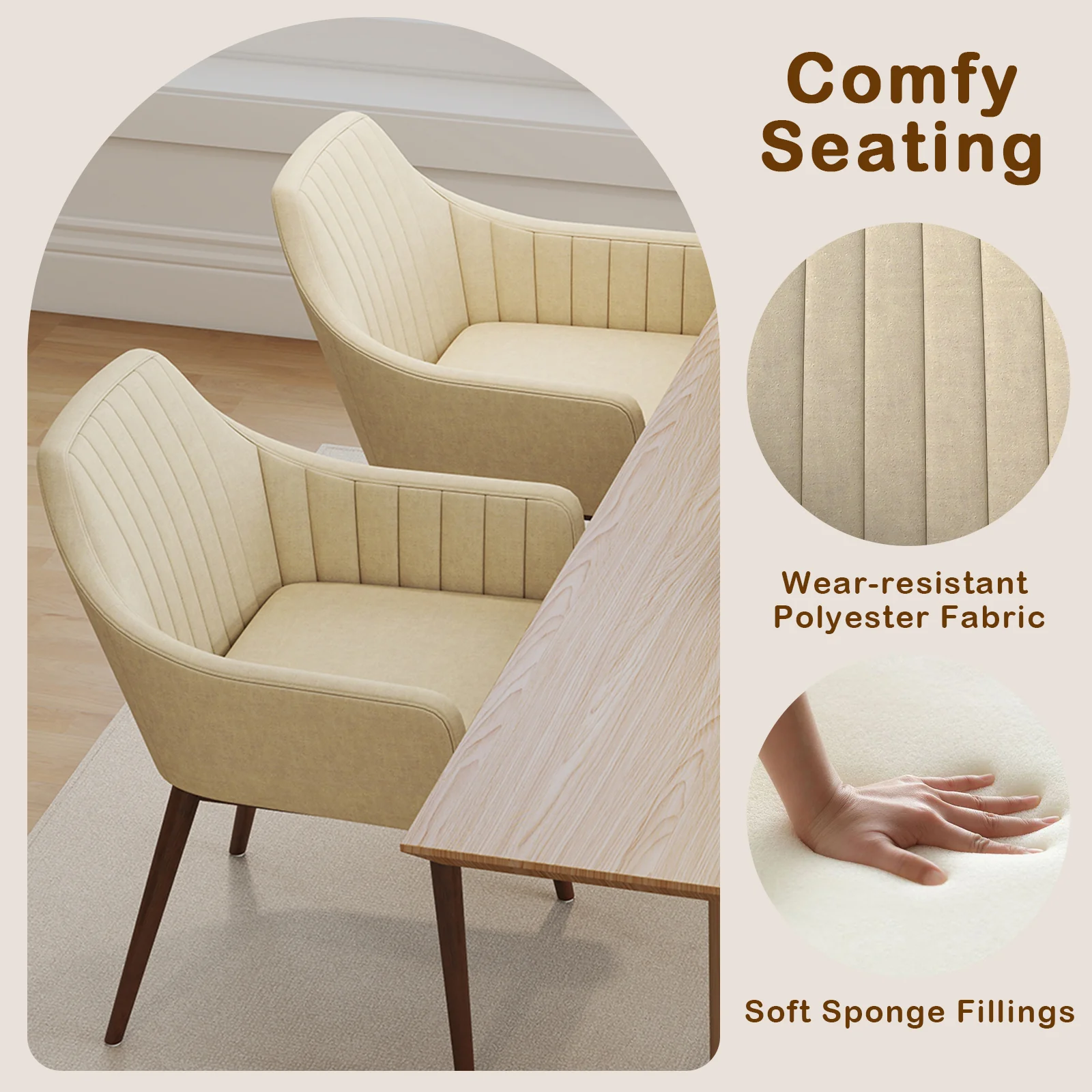 Upholstered Dining Chairs Set of 2, Comfy Padded Backrest and Seat, Beige - Image 7