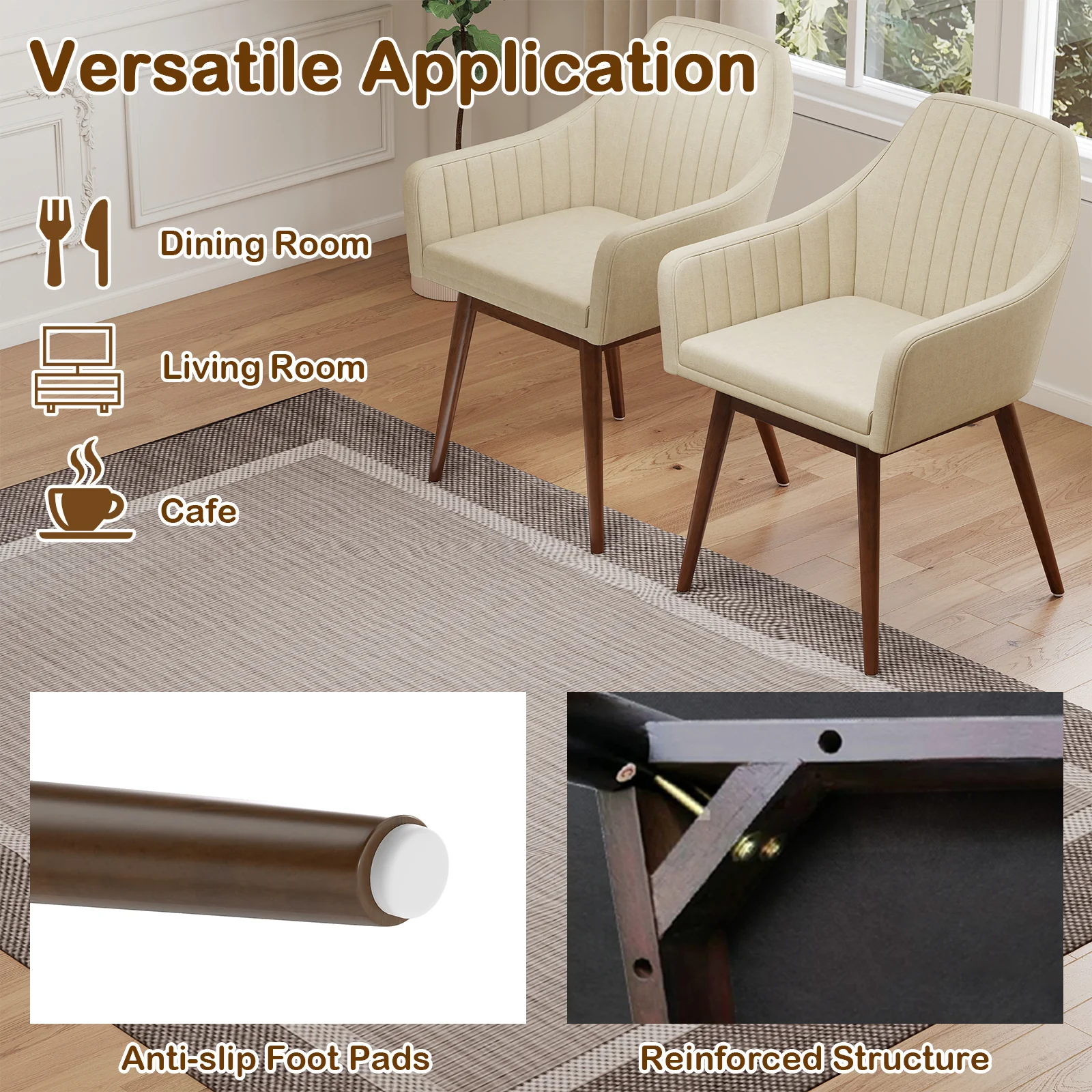 Upholstered Dining Chairs Set of 2, Comfy Padded Backrest and Seat, Beige - Image 9