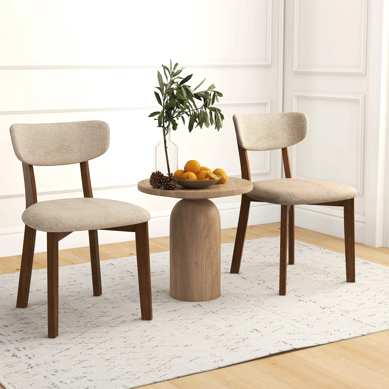 Upholstered Dining Chairs, Set of 2, Mid-Back, Solid Rubber Wood Frame, Beige - Image 2