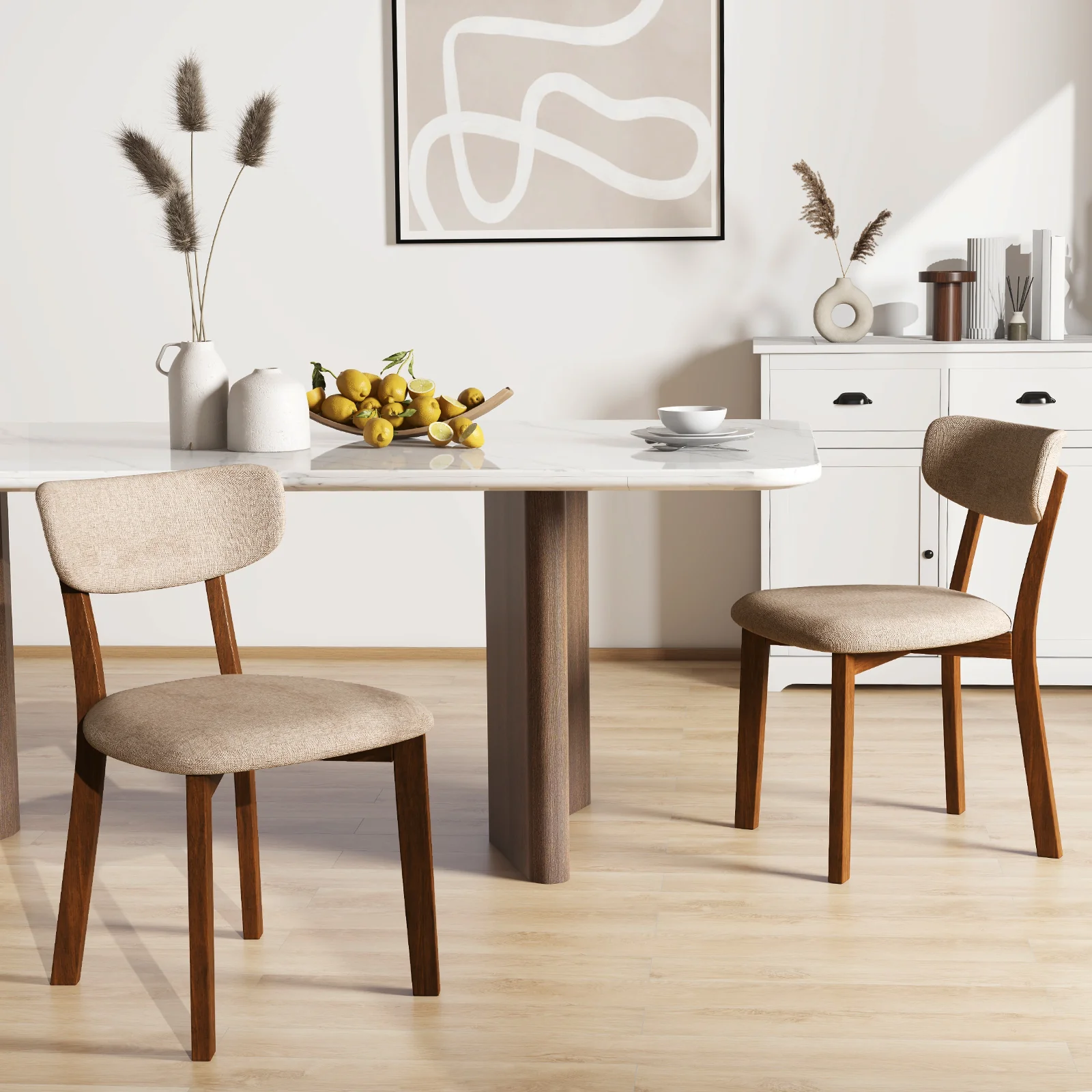 Upholstered Dining Chairs, Set of 2, Mid-Back, Solid Rubber Wood Frame, Beige - Image 3