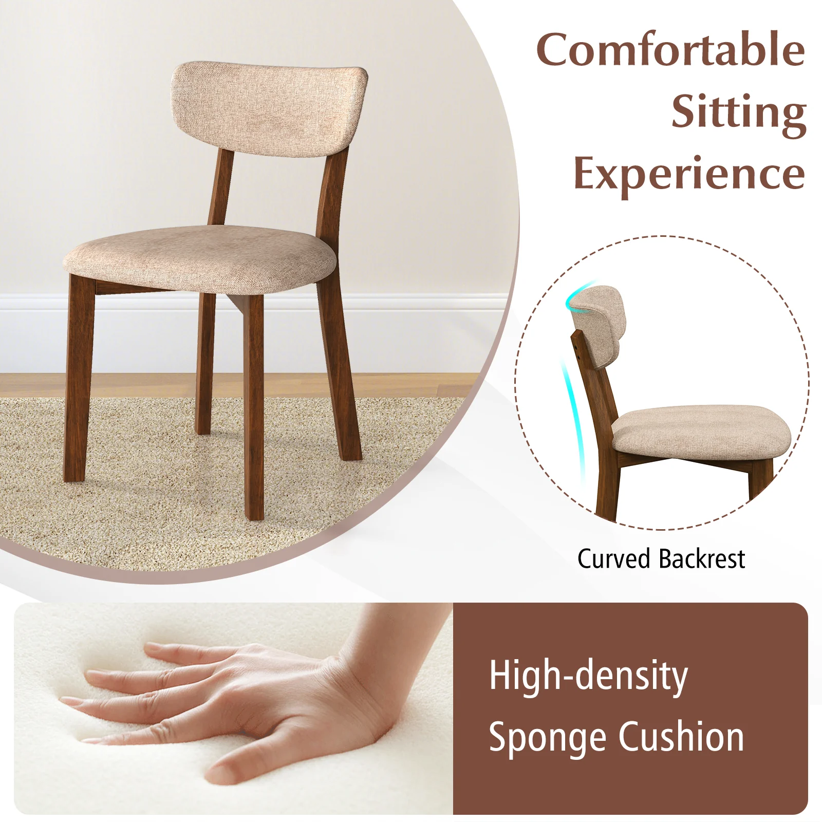 Upholstered Dining Chairs, Set of 2, Mid-Back, Solid Rubber Wood Frame, Beige - Image 7