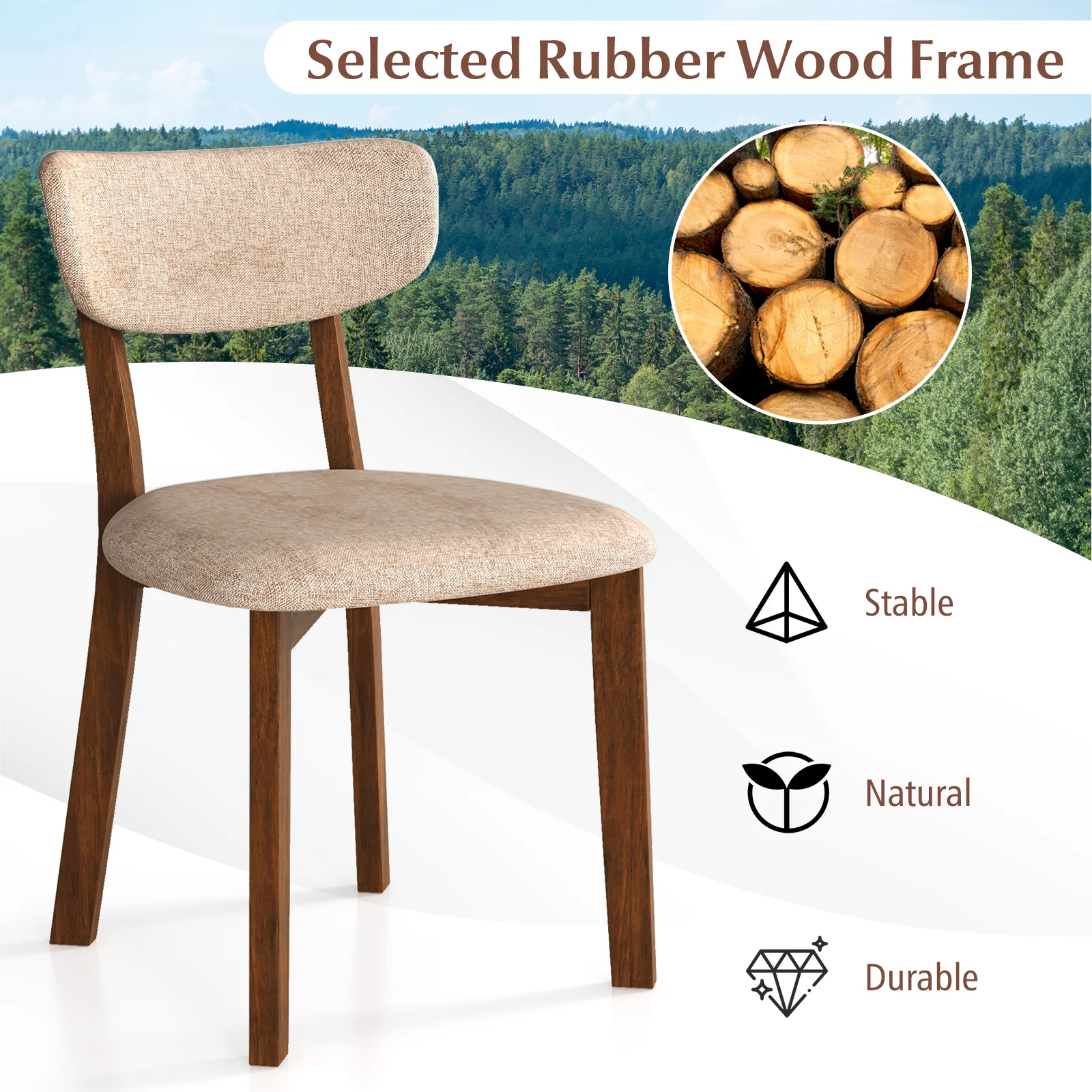 Upholstered Dining Chairs, Set of 2, Mid-Back, Solid Rubber Wood Frame, Beige - Image 8