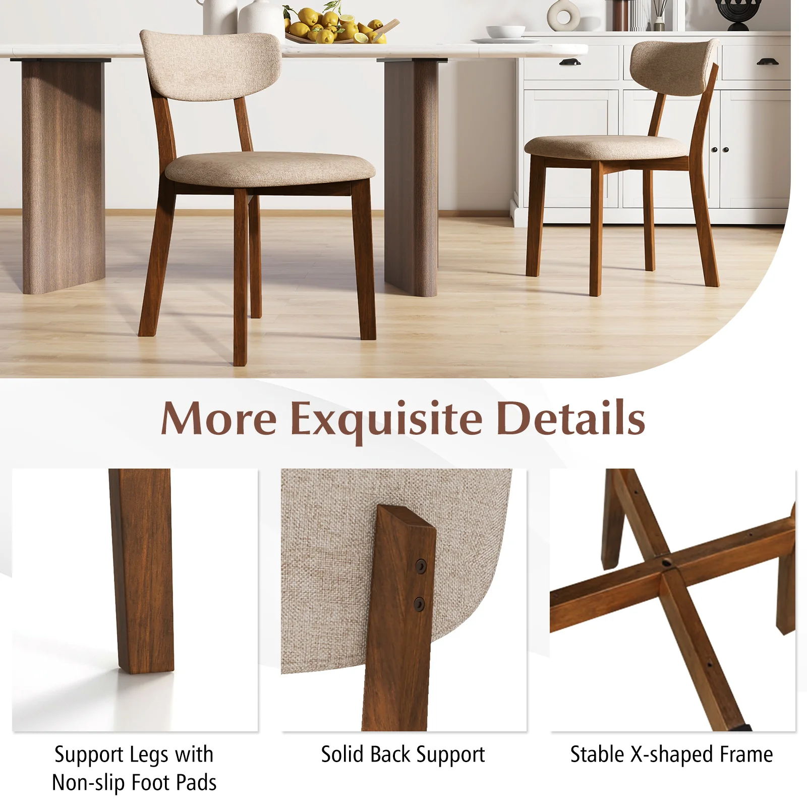 Upholstered Dining Chairs, Set of 2, Mid-Back, Solid Rubber Wood Frame, Beige - Image 9
