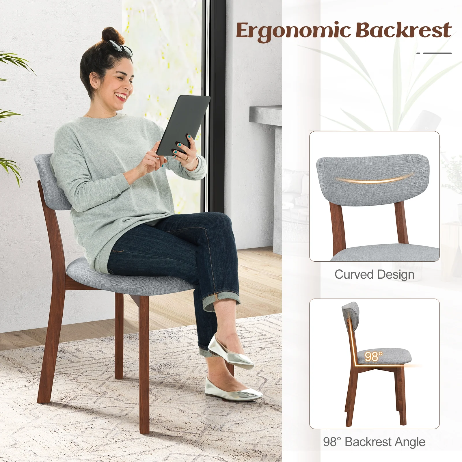 Upholstered Dining Chairs Set Of 2, Solid Rubber Wood Frame, Gray - Image 7