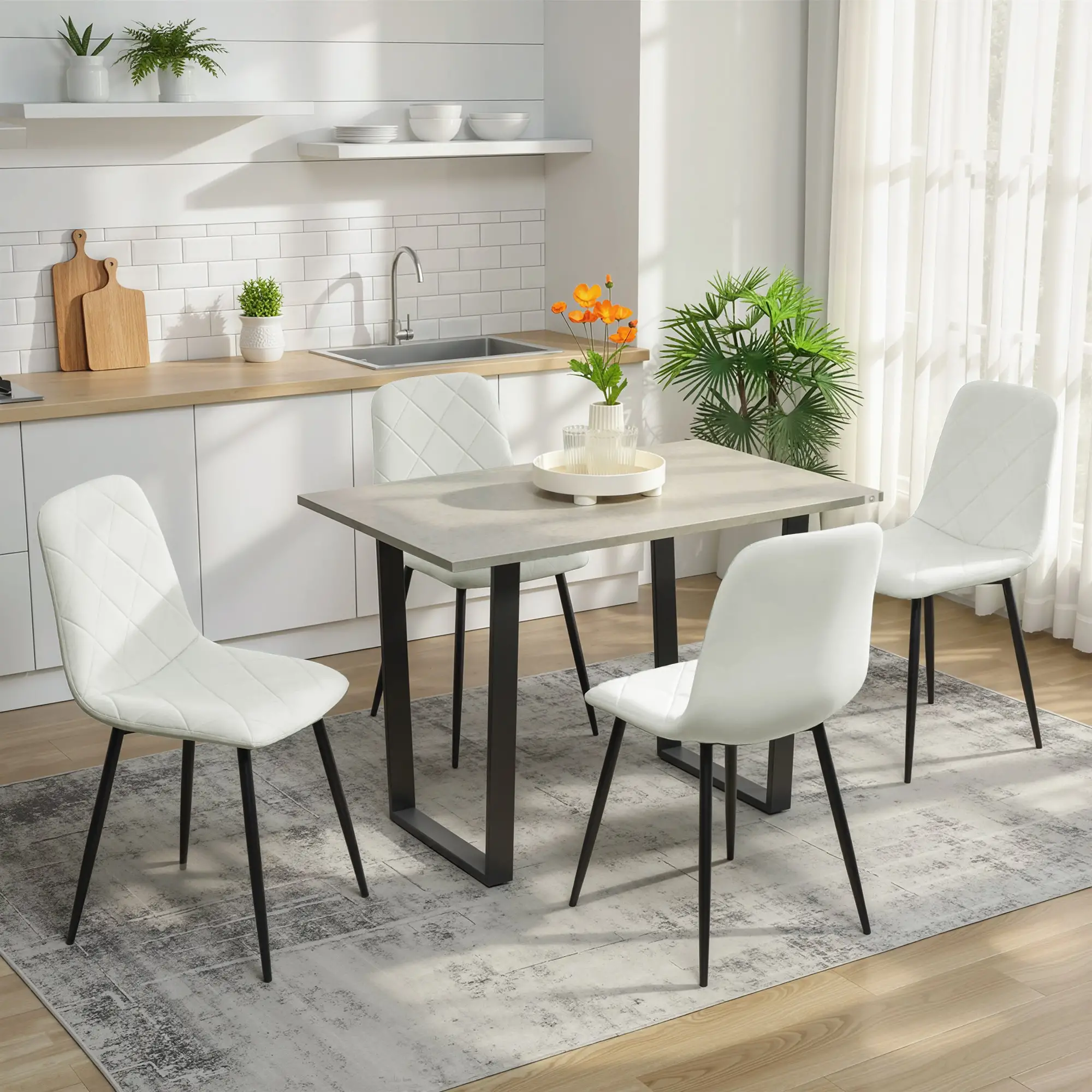 Upholstered Dining Chairs Set of 4, Steel Legs, Cream - Image 6