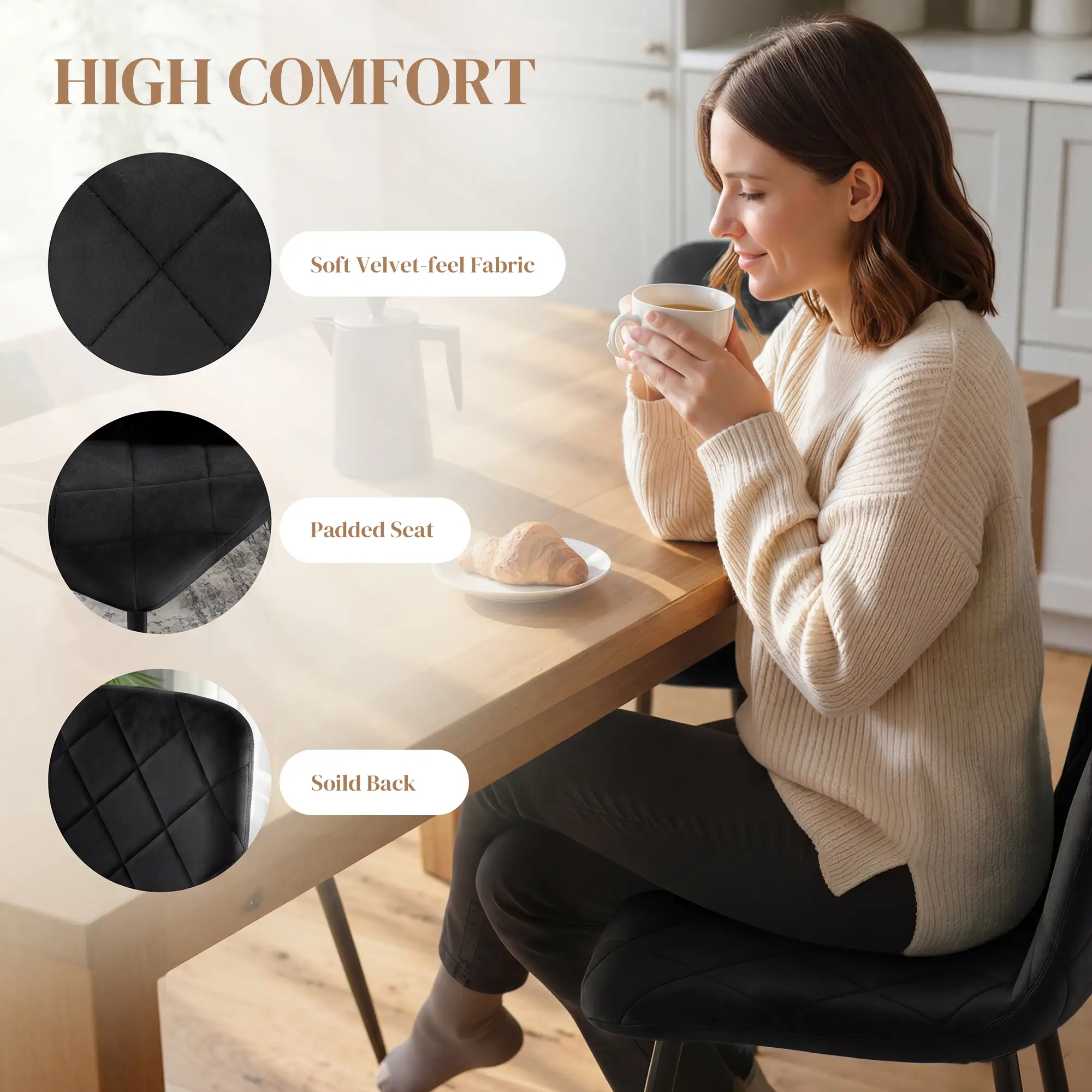 Upholstered Dining Chairs Set of 4, Steel Legs, Modern Kitchen, Black - Image 4