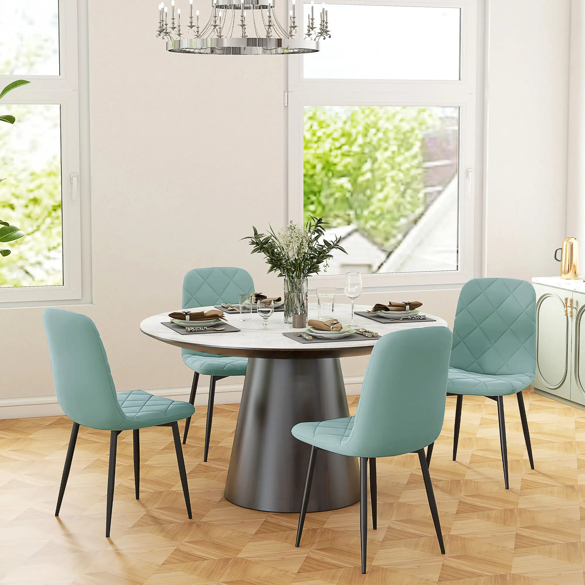 Upholstered Dining Chairs Set of 4, Steel Legs, Modern Kitchen Chair, Green - Image 2